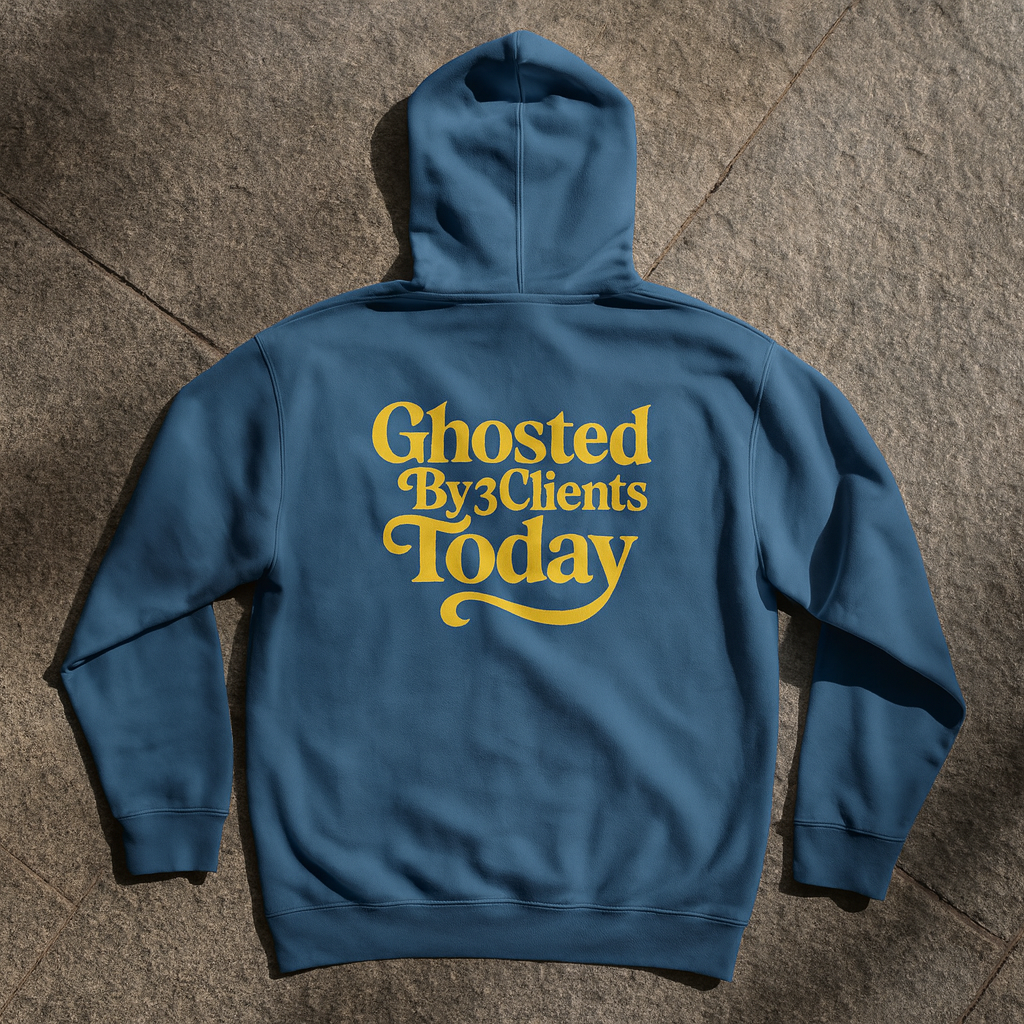 Indigo blue hoodie with bold yellow text reading Ghosted By 3 Clients Today, designed for creatives, photographers, videographers, artists, and entrepreneurs