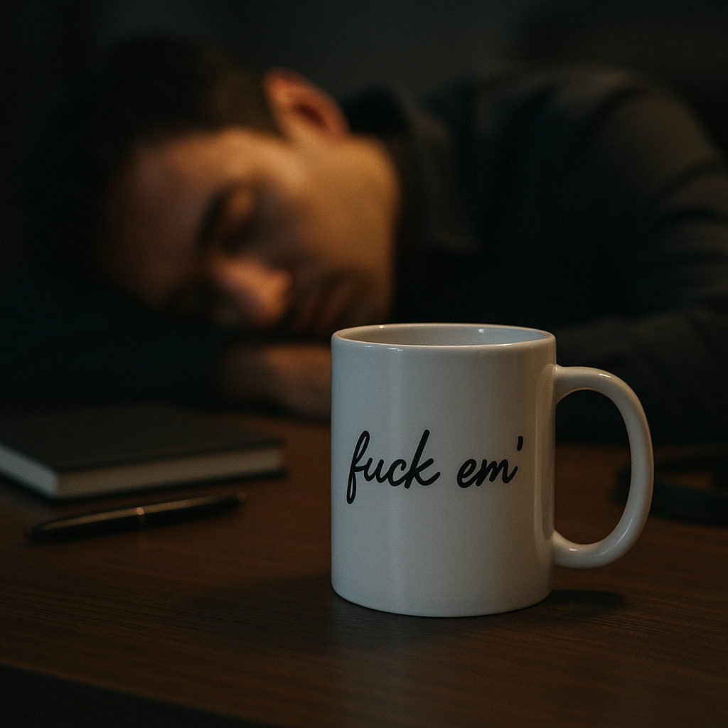 White “fuck em’” coffee mug on an office desk with a tired man sleeping in the background, funny novelty mug for overworked coworkers