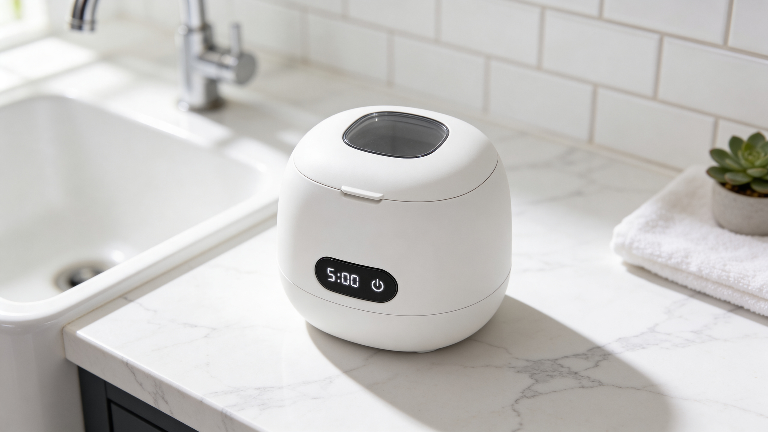 Pop ON white ultrasonic retainer cleaner displayed on a bathroom countertop with digital timer and modern sink in background