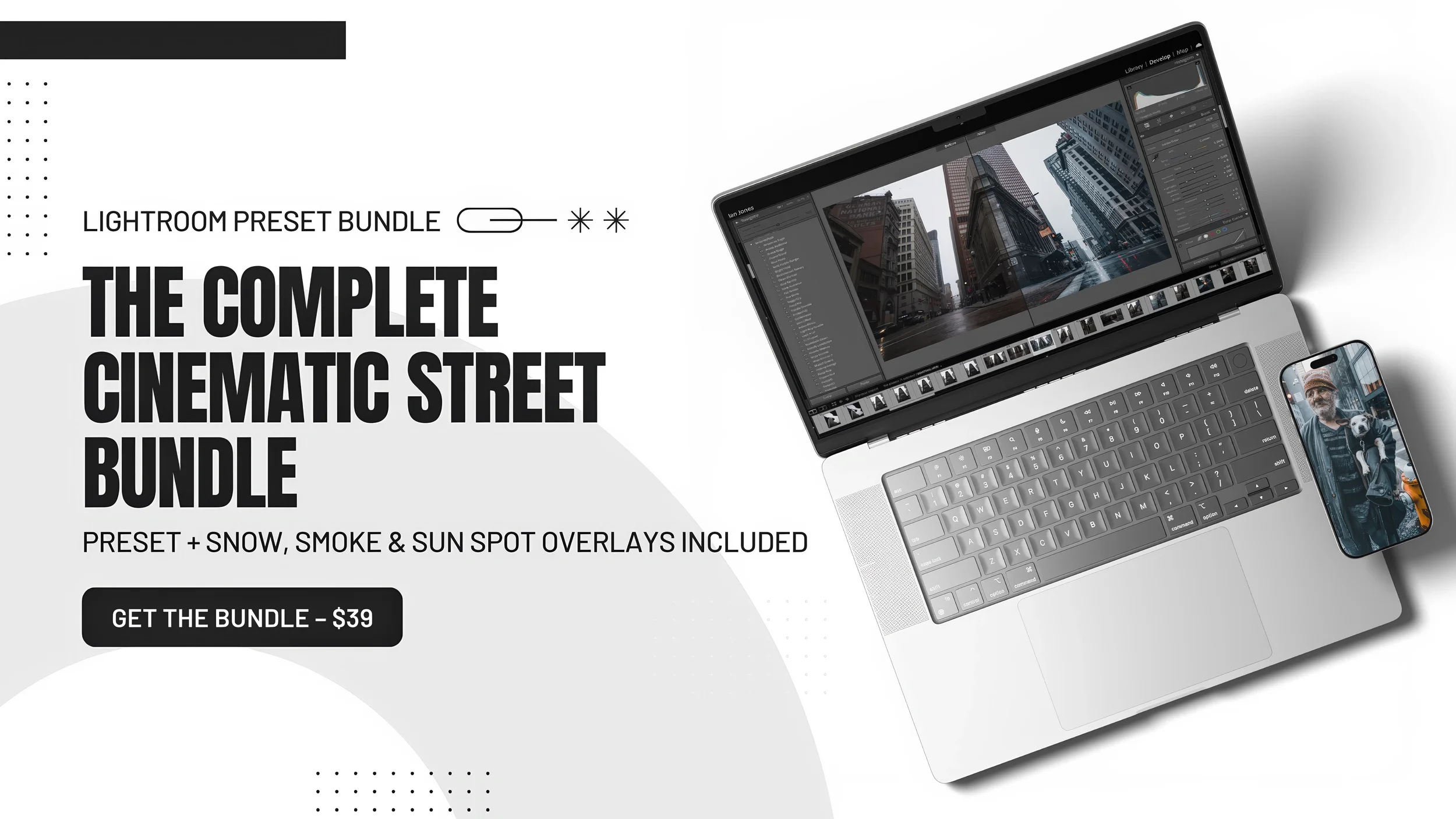 Cold Tones complete cinematic street bundle shown in Lightroom on laptop by ISJ Designs