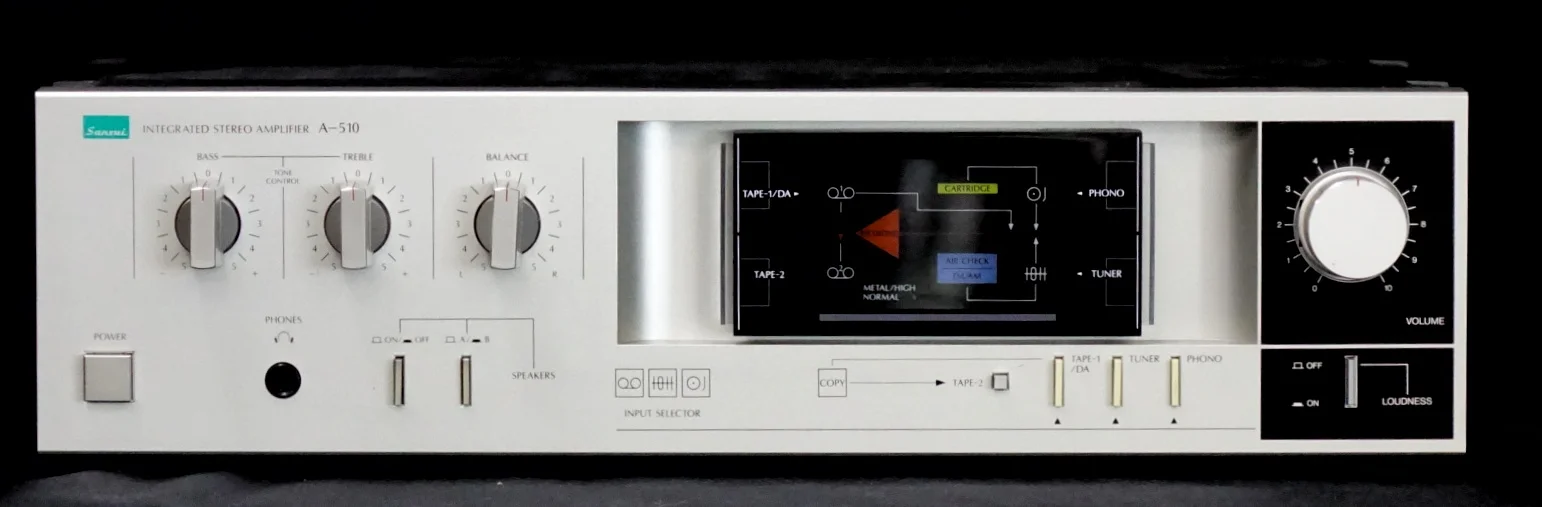 Sansui A-510 Stereo Amp Power output: 30 watts per channel into 8Ω (stereo) Frequency response: 10Hz to 50kHz Total harmonic distortion: 0.07% Input sensitivity: 2.5mV (MM), 150mV (line) Signal to noise ratio: 72dB (MM), 90dB (line) Output: 150mV (line) Speaker load impedance: 8Ω (minimum) Dimensions: 430 x 118 x 245mm Weight: 4kg $185