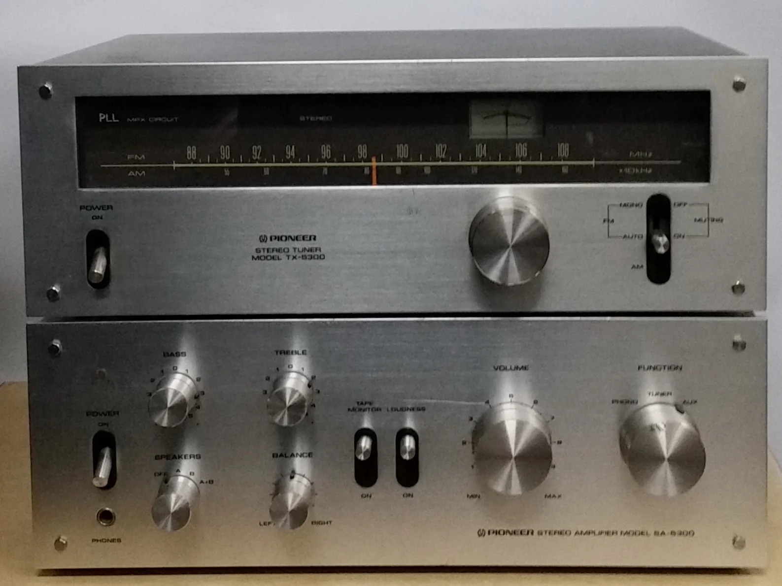 Pioneer SA-5300 amplifier with matching TX-5300 tuner Very nice amp/tuner combo, has minor blemishes on face and top of amp The Pioneer SA-5300 is an integrated stereo amplifier producing 10 watts per channel with no more than 0.8% total harmonic distortion. Features include a tape monitor, loudness control and 2 pairs of speaker outlets. Power output: 10 watts per channel into 8Ω (stereo) Frequency response: 20Hz to 30kHz Total harmonic distortion: 0.08% Input sensitivity: 2.5mV (MM), 150mV (line) Signal to noise ratio: 70dB (MM), 85dB (line) Dimensions: 350 x 125 x 282mm Weight: 6.4kg Year: 1976 $325 the pair..