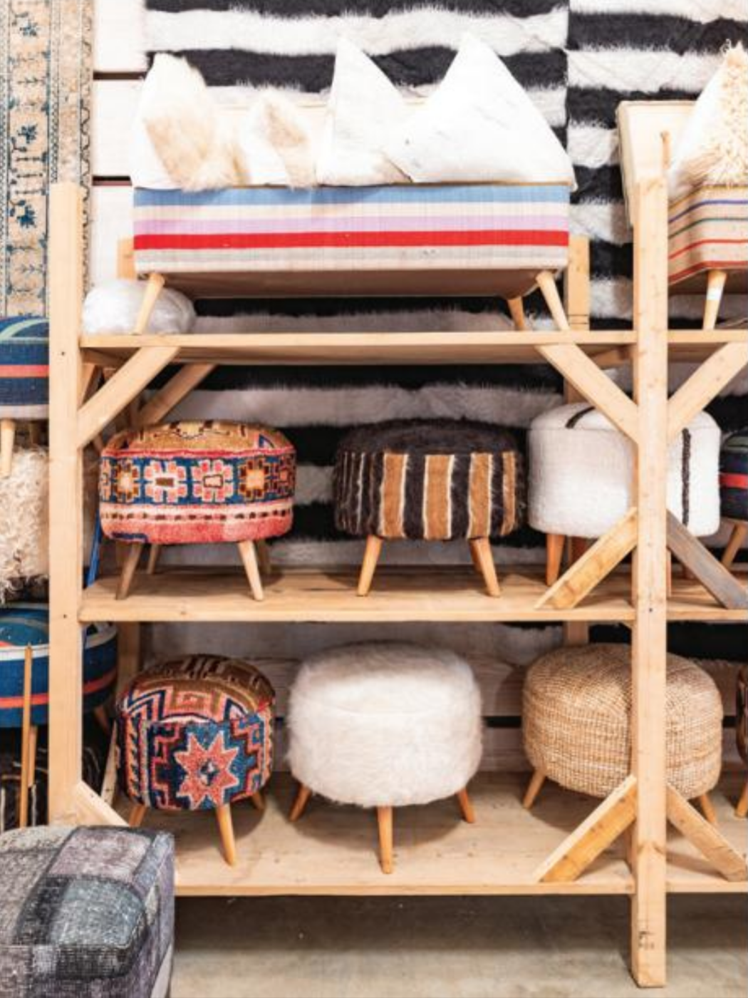 Photo by Ashlee Nobel, Lee Lee Arts + Design Poufs and benches from vintage handmade rugs.