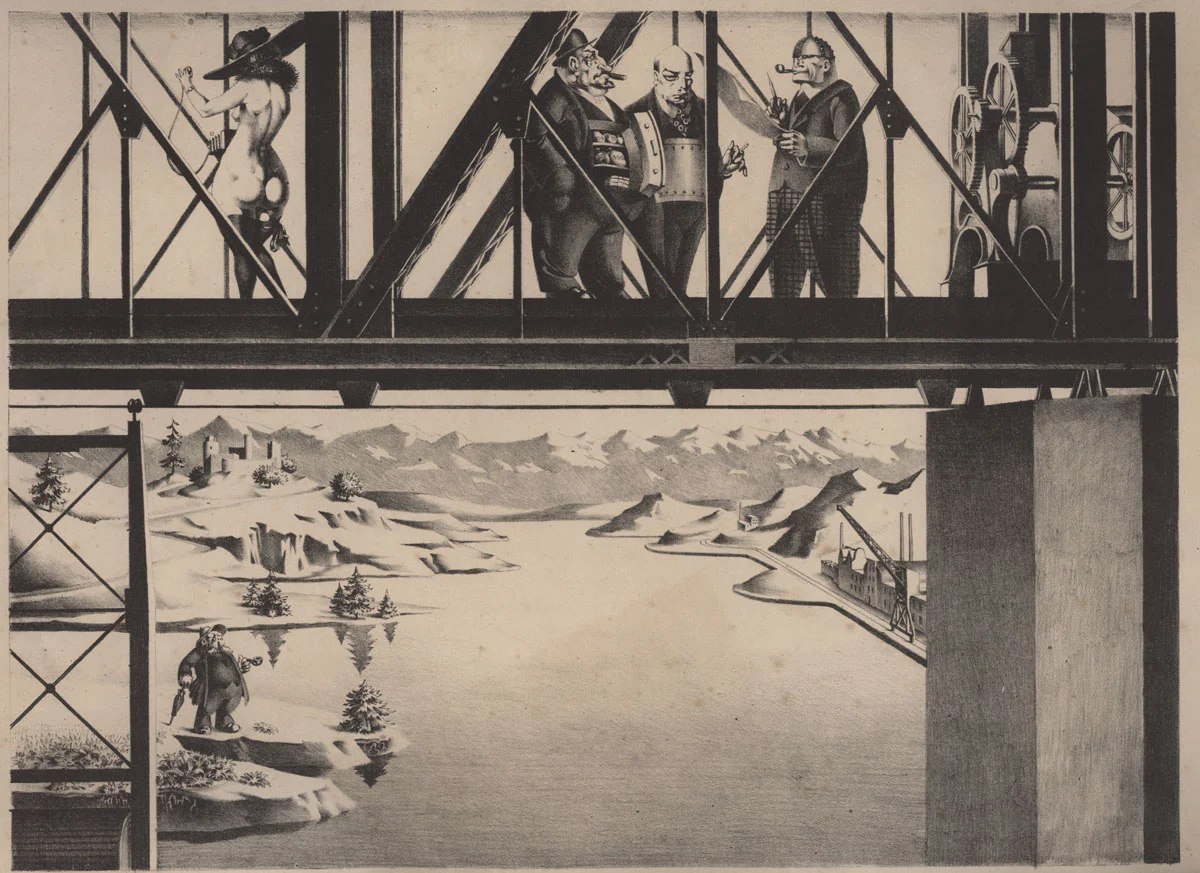  Georg Scholz   DIE HERREN DER WELT  Lithographie. 1922. Signiert, datiert, betitelt und numeriert. Auf Velin. 297 x 401 mm 