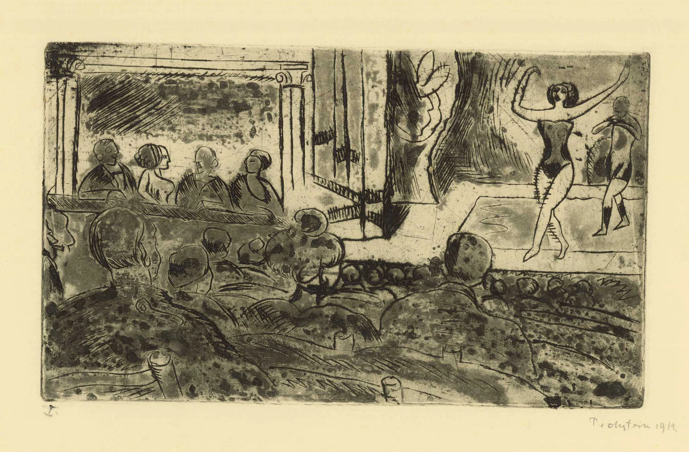  Hermann Max Pechstein   IM VARIETÉ  Radierung und Aquatinta. 1912. Signiert und datiert. Auf Kupferdruckpapier. 155 x 270 mm 