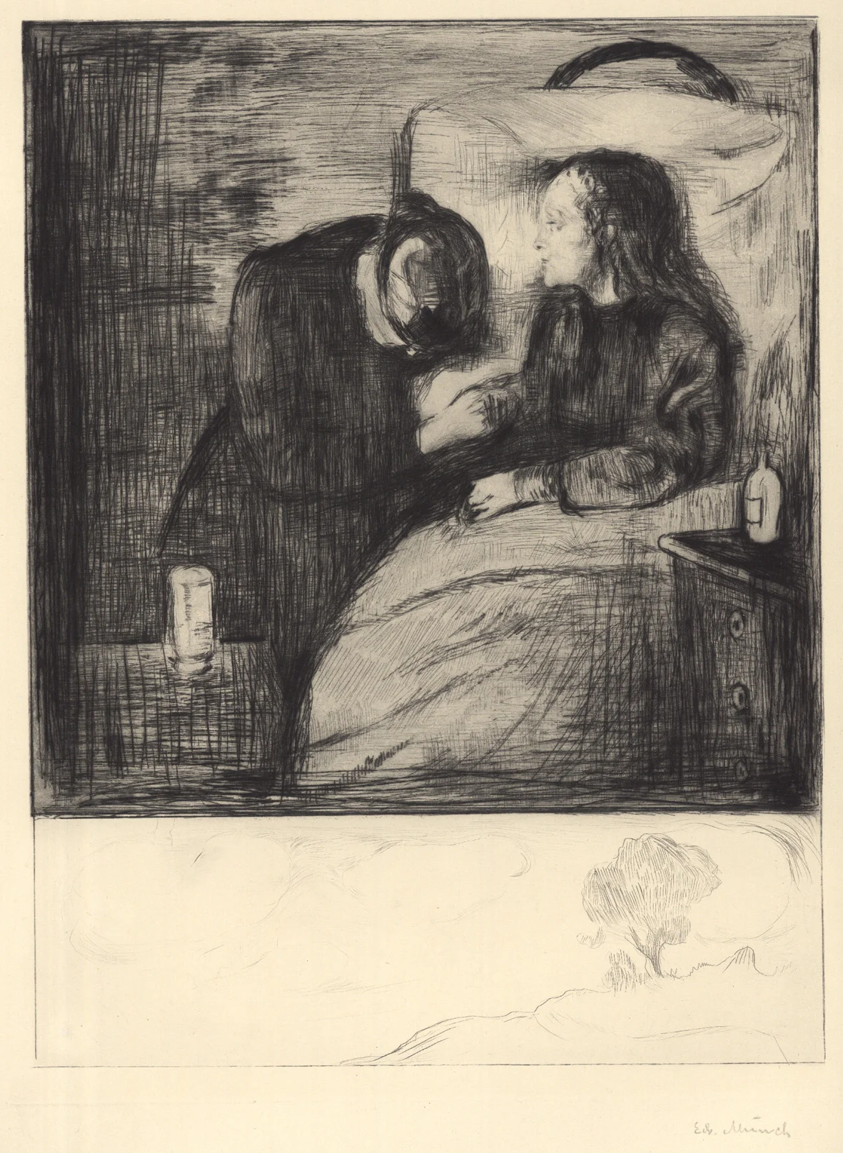  Edvard Munch   THE SICK CHILD  Kaltnadel. 1894. Signiert. Auf Kupferdruck Velin. 384 x 292 mm 