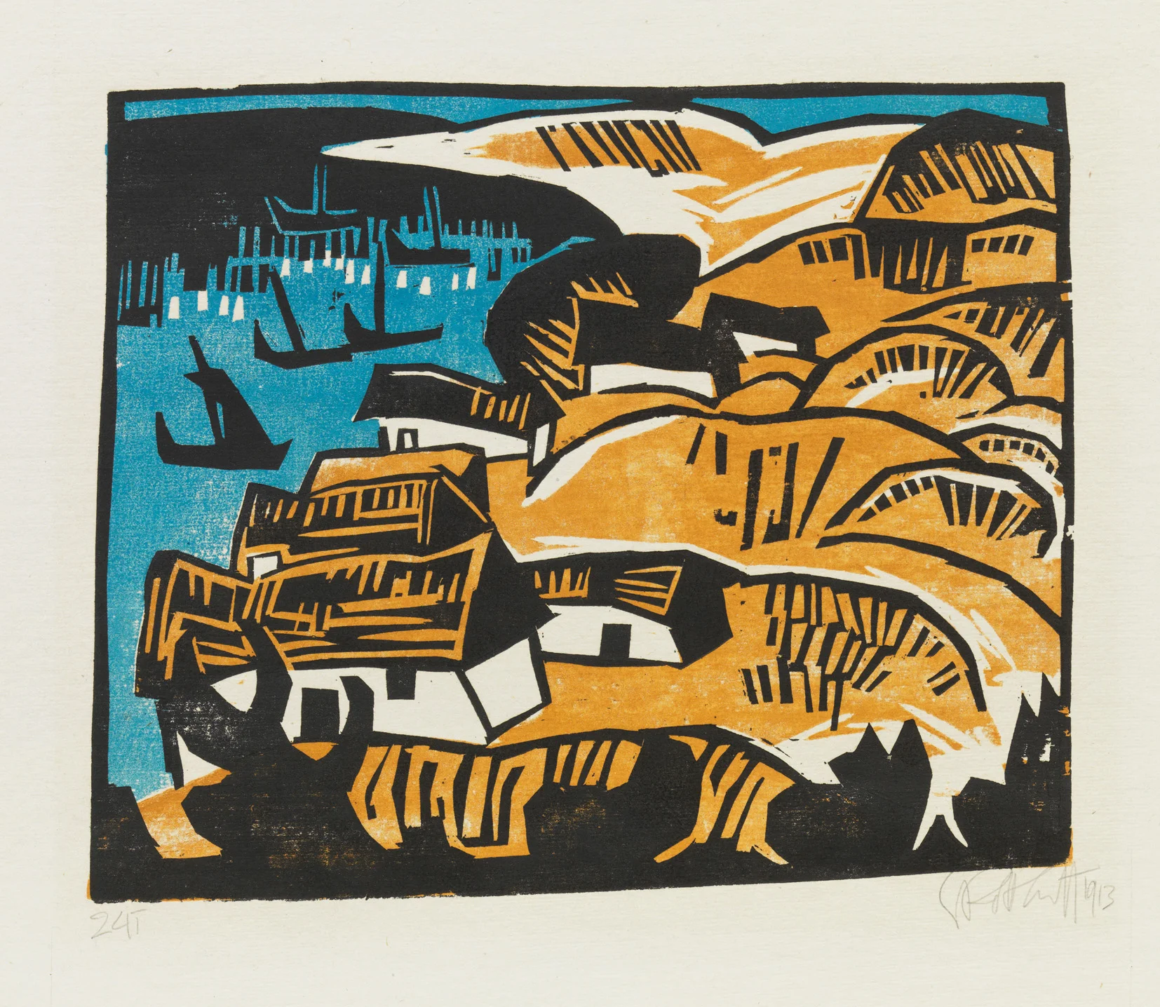  Karl Schmidt-Rottluff   DIE BUCHT  Holzschnitt. 1913. Signiert, datiert, bezeichnet und numeriert. Auf Velin. 271 x 329 mm 