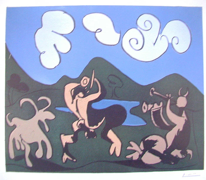  Pablo Picasso   FAUNES ET CHÈVRE  Color linocut. 1959. Signed. On wove paper. 530 x 638 mm 