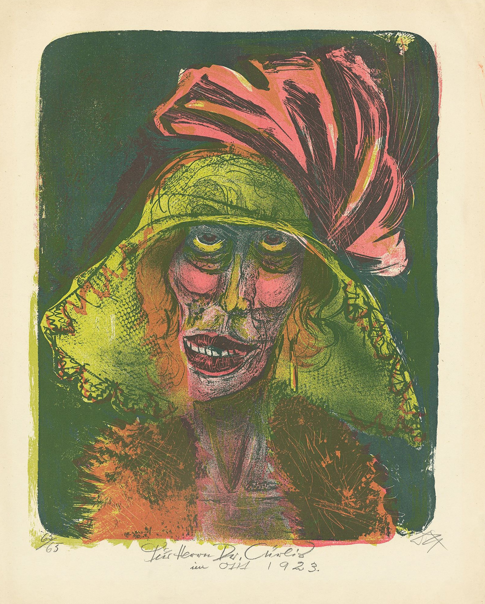  Otto Dix   LEONIE  Farblithographie. 1923. Karsch 58 III b Signiert, numeriert und gewidmet. Auf Bütten. 476 x 374 mm 