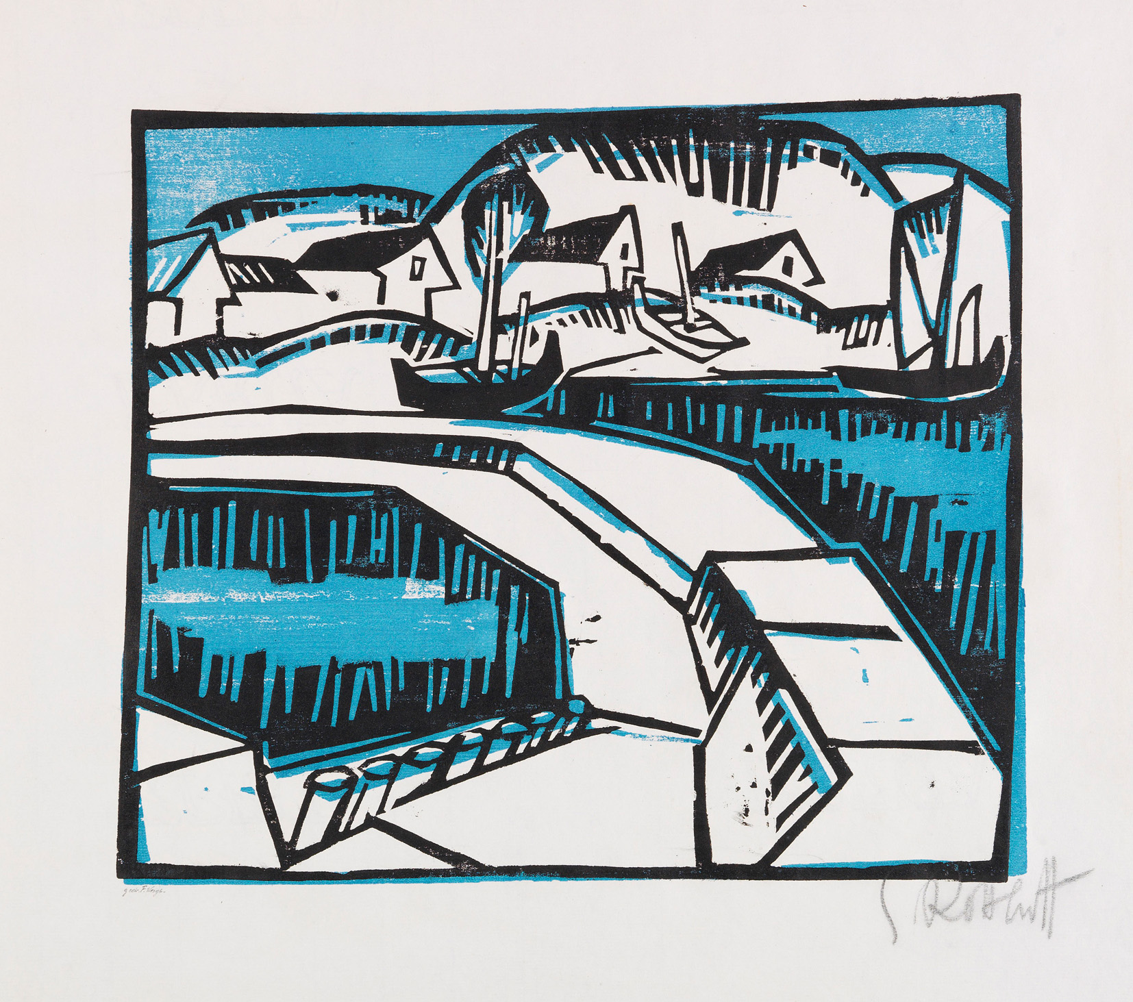  Karl Schmidt-Rottluff   DÜNEN UND MOLE  Holzschnitt. 1917. Schapire H 195 Signiert. Auf Bütten. 290 x 337 mm 