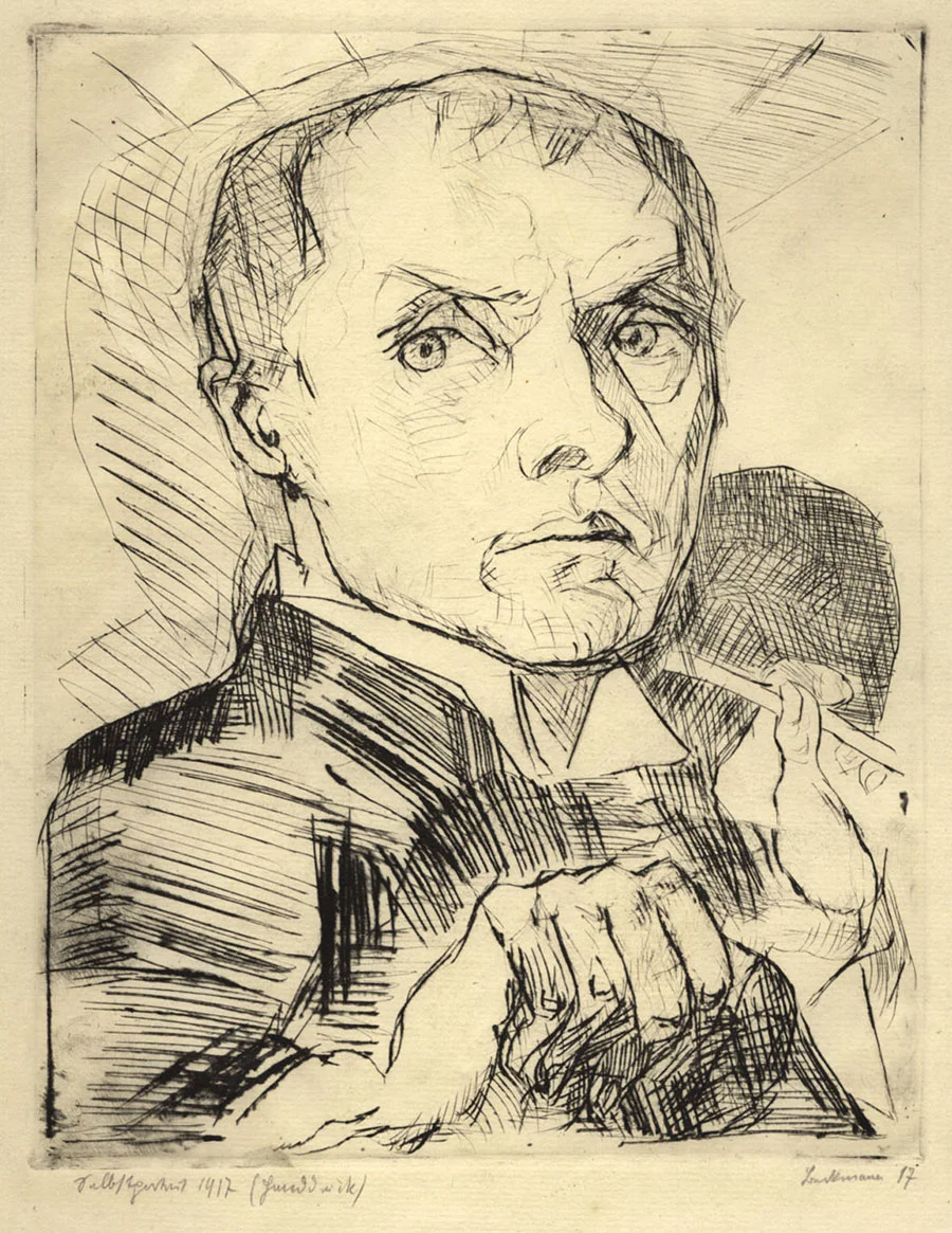  Max Beckmann   SELBSTBILDNIS MIT GRIFFEL  Kaltnadel. Circa 1916. Signiert, datiert, betitelt und bezeichnet. Auf Bütten. 298 x 234 mm 