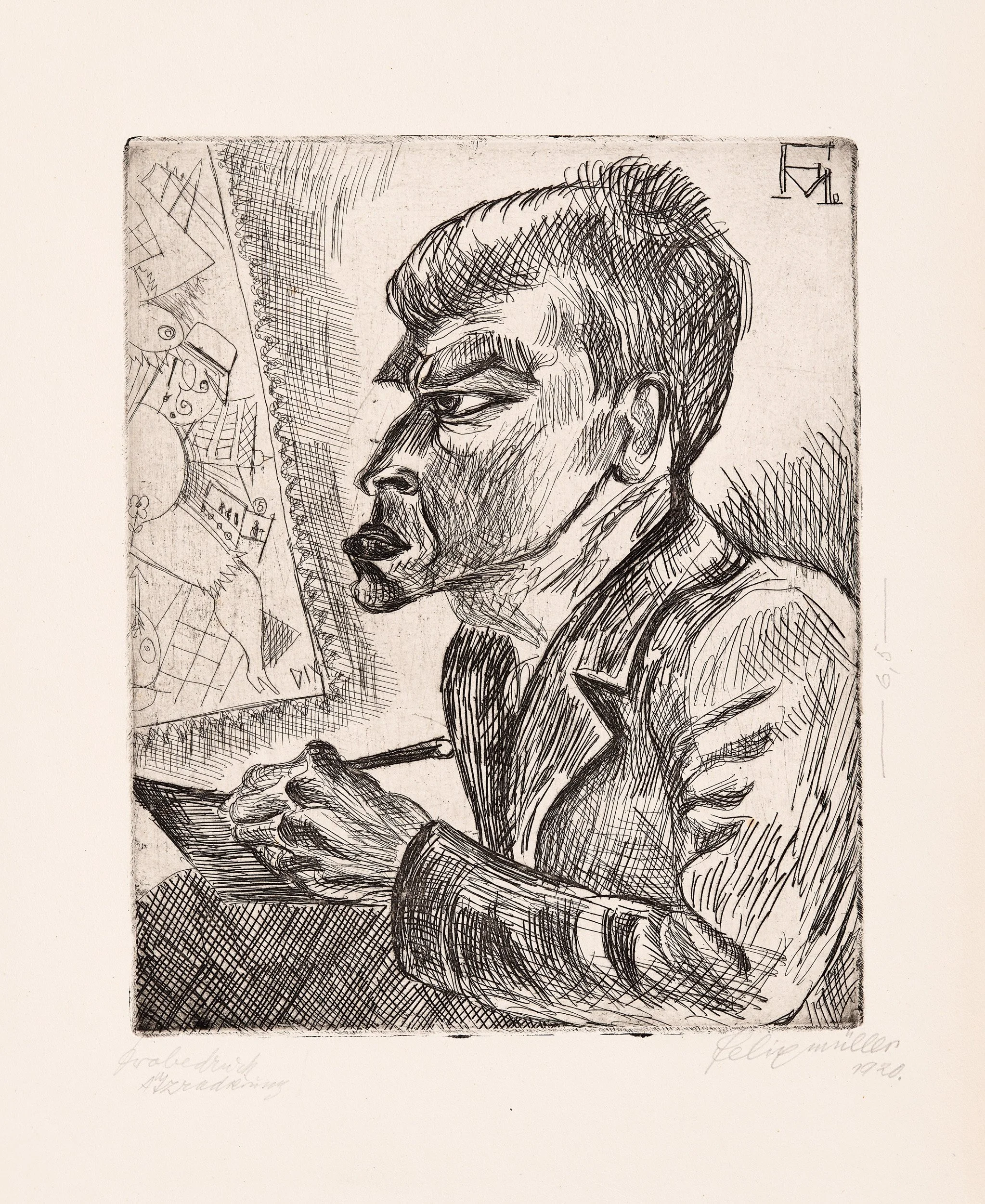   OTTO DIX ZEICHNET  Radierung und Kaltnadel. 1920. Söhn 227 Signiert, datiert und bezeichnet. Auf Kupferdruckpapier.  296 x 242 mm (500 x 346 mm) 