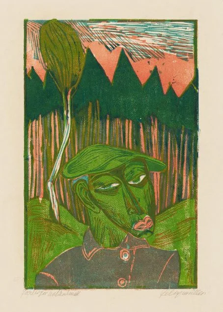  Conrad Felixmüller EINSAMER MANN IM WALD Color woodcut. 1920. 397 x 357 mm 