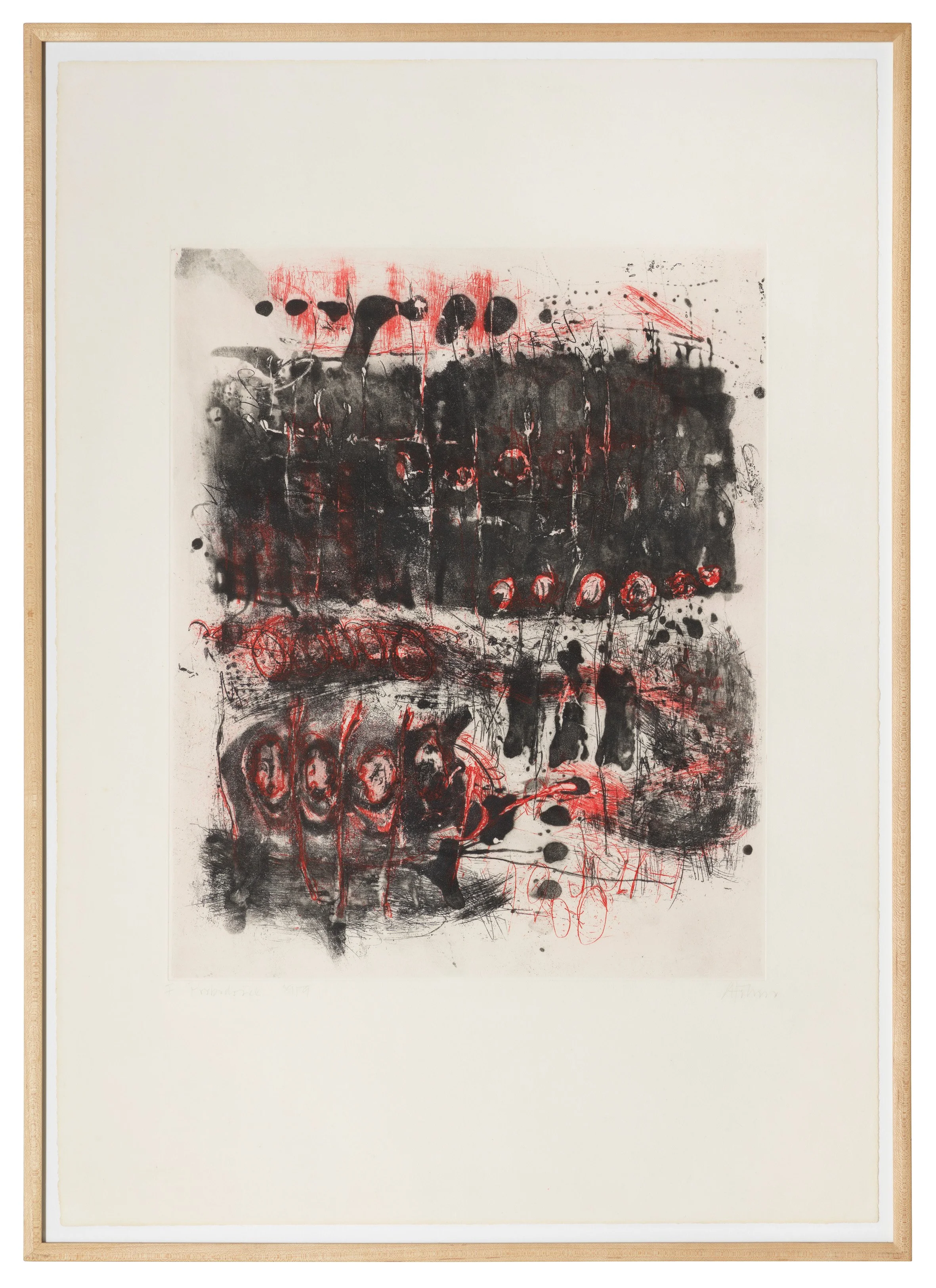   ZWISCHEN SCHWARZ UND ROT  Radierung in Schwarz und Rot. 1959. Heuer 54 Signiert, datiert und bezeichnet. Auf Velin.  485 x 395 mm (755 x 535 mm) 