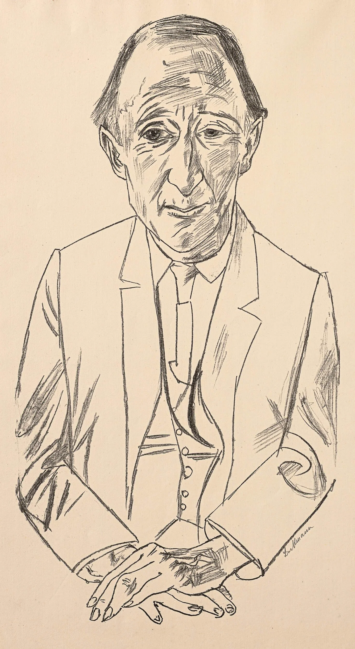   BILDNIS DES KOMPOMNISTEN FREDERIK DELIUS  Lithographie. 1922. Hofmaier 225 B c (von d) Signiert. Auf Bütten. 617 × 322 mm (680 × 380 mm) 