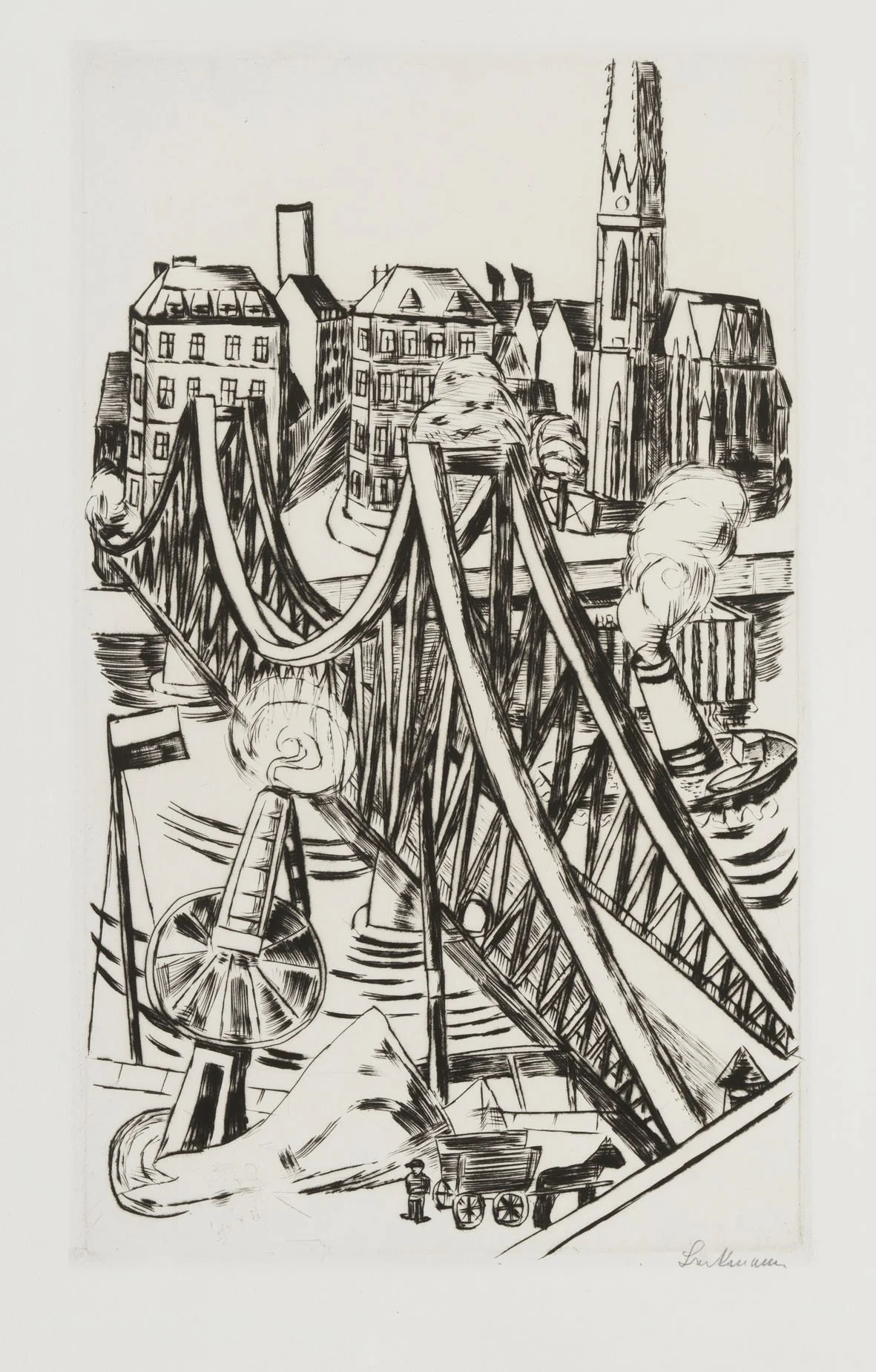   GROSSE BRÜCKE  Kaltnadel. 1922. Hofmaier 243 B Signiert. Auf Velin. 248 × 257 mm (530 × 370 mm) 