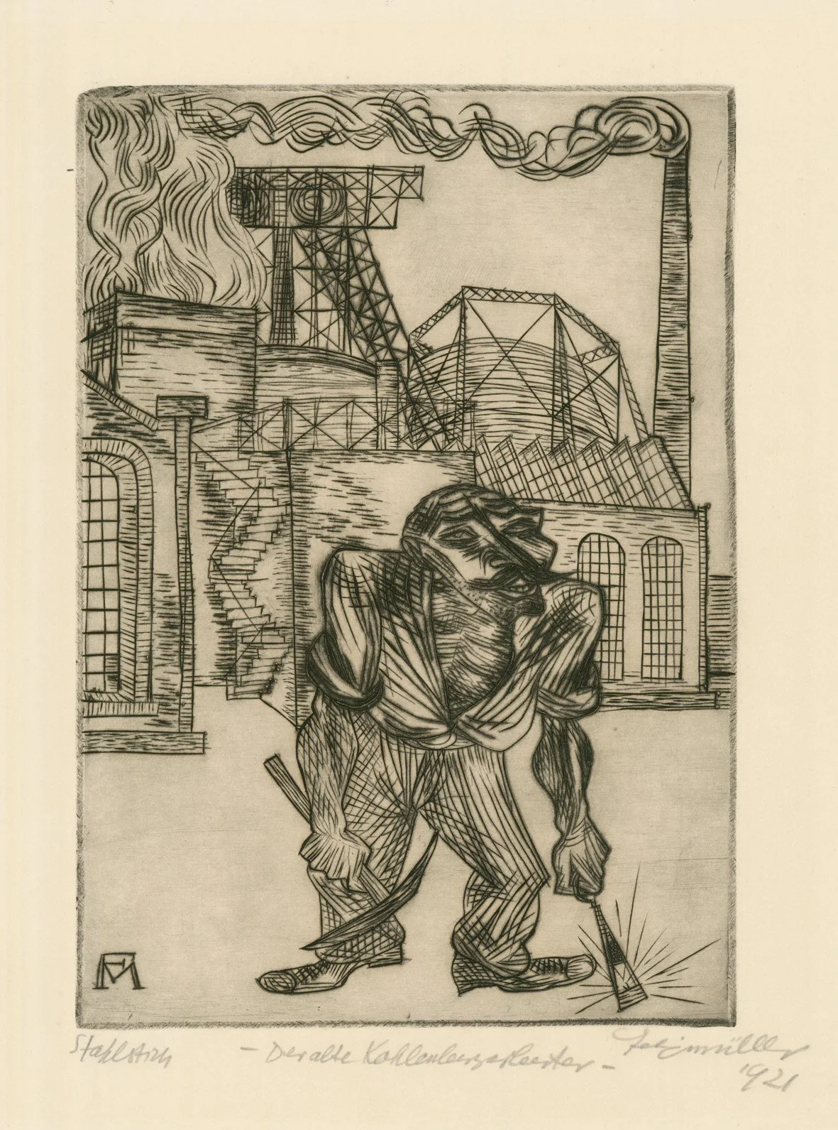   DER ALTE KOHLENARBEITER  Steel engraving. 1921. Söhn 257 Signed, dated, inscribed and titled. On sturdy paper. 216 × 151 mm (264 × 196 mm) 