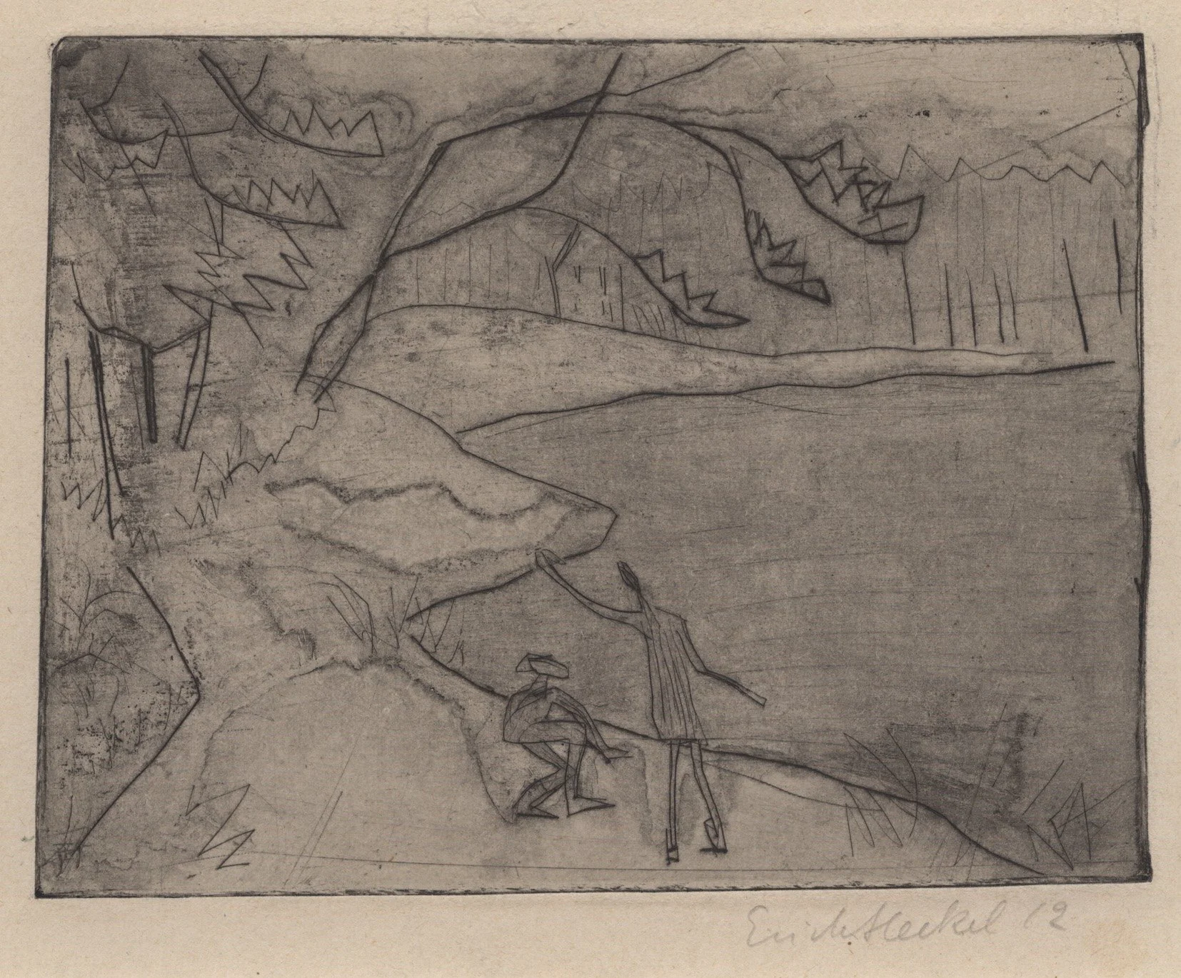   KINDER AM UFER (SEE IM WINTER)  Drypoint and aquatint. 1912. Ebner/Gabelmann 565 R Signed and dated. On firm sturdy paper. 151 × 198 mm (265 × 301 mm) 
