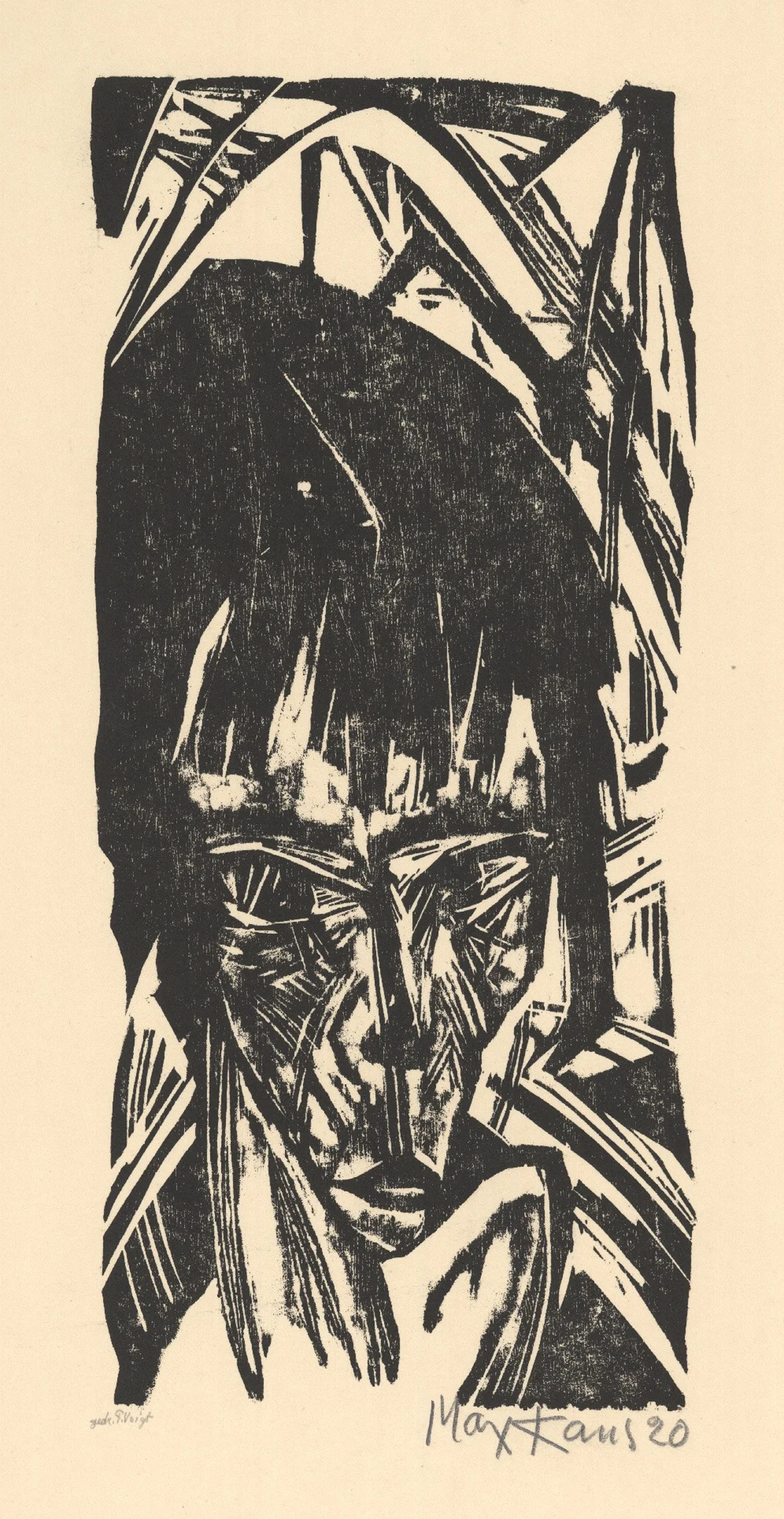   MÄDCHENKOPF X  Woodcut. 1920. Krause H 1920/11 B Signed and dated. On firm, chamois simili-Japan. 285 × 129 mm (411 × 309 mm) 