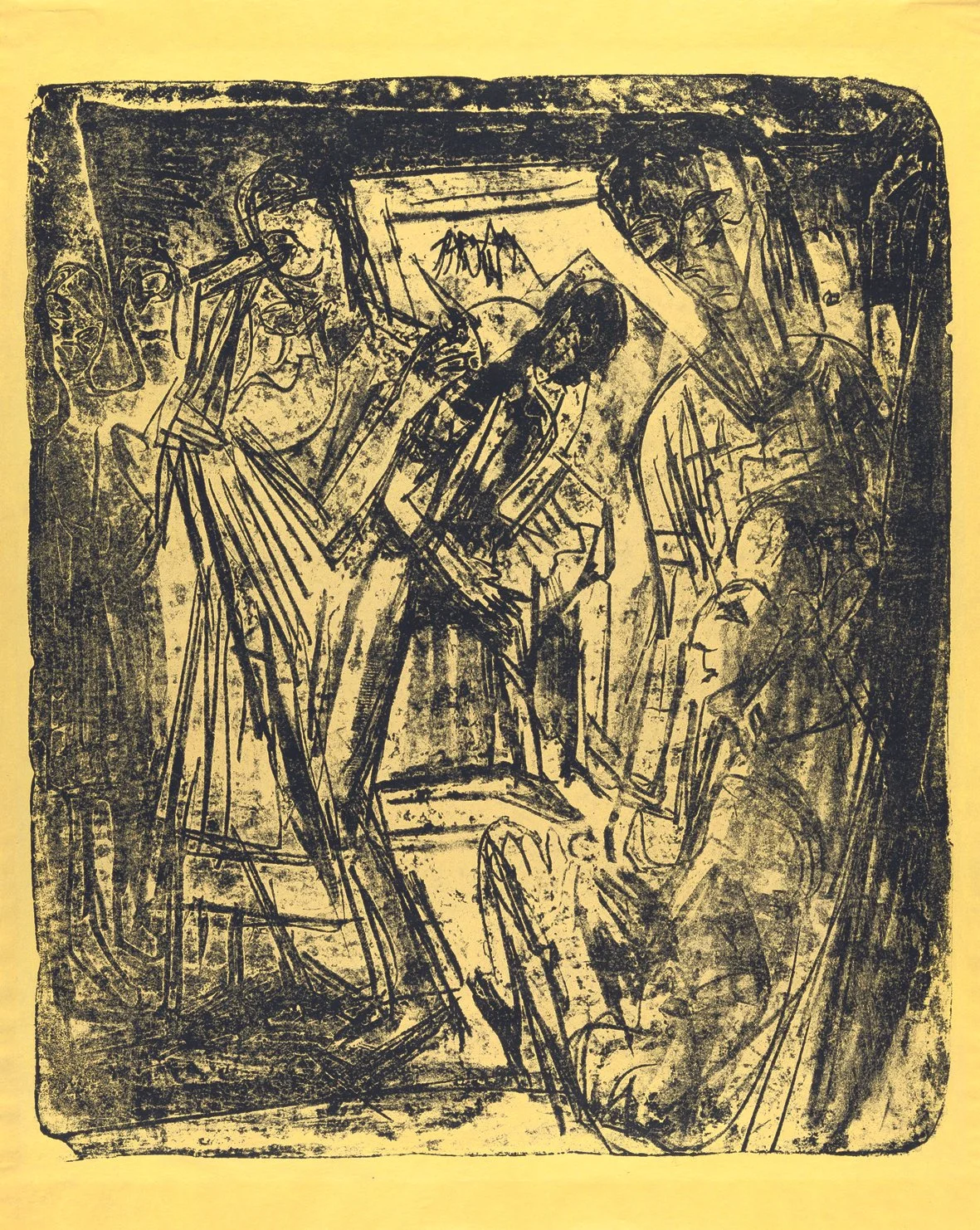   TANZ IN DER ALP - TANZ DER BAUERN IM HAUS ‘IN DEN LÄRCHEN’  Lithograph. 1920. Gercken 1134 With the Basel Estate stamp and inscribed on the verso. On lemon yellow paper. Ca. 590 × 505 mm 