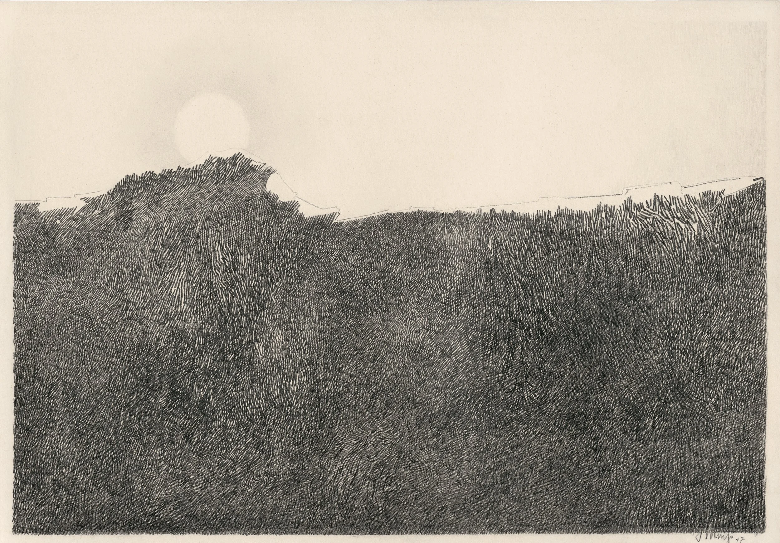   LANDSCHAFT  Bleistiftzeichnung. 1947. Signiert und datiert. Auf festem Velin. 322 × 472 mm (347 × 496 mm) 