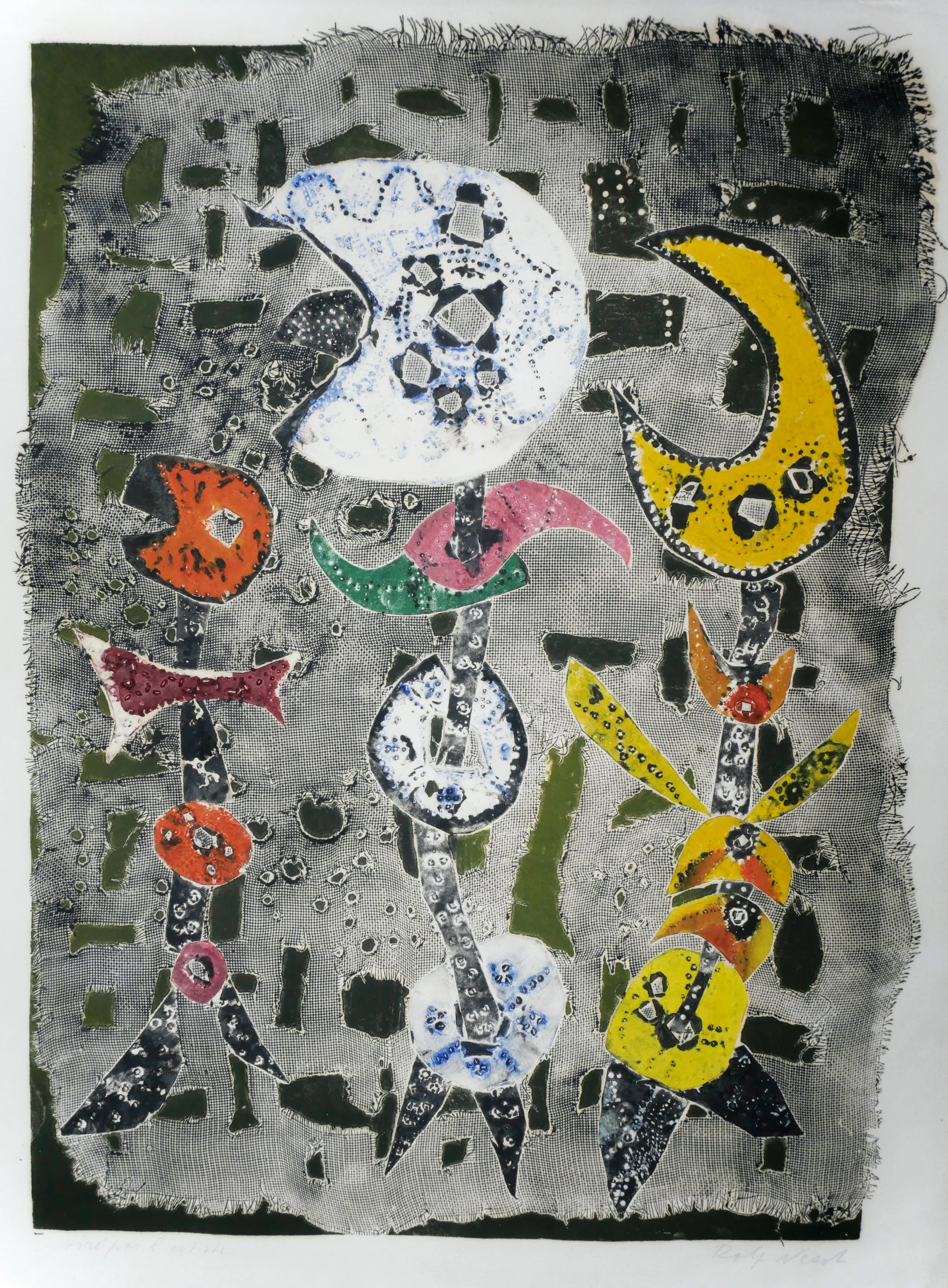   FIGUREN I  Color metal print. 1955. Not in Helliesen/Sørensen Signed, dated, titled and inscribed. On wove paper. 430 × 585 mm (640 × 500 mm) 