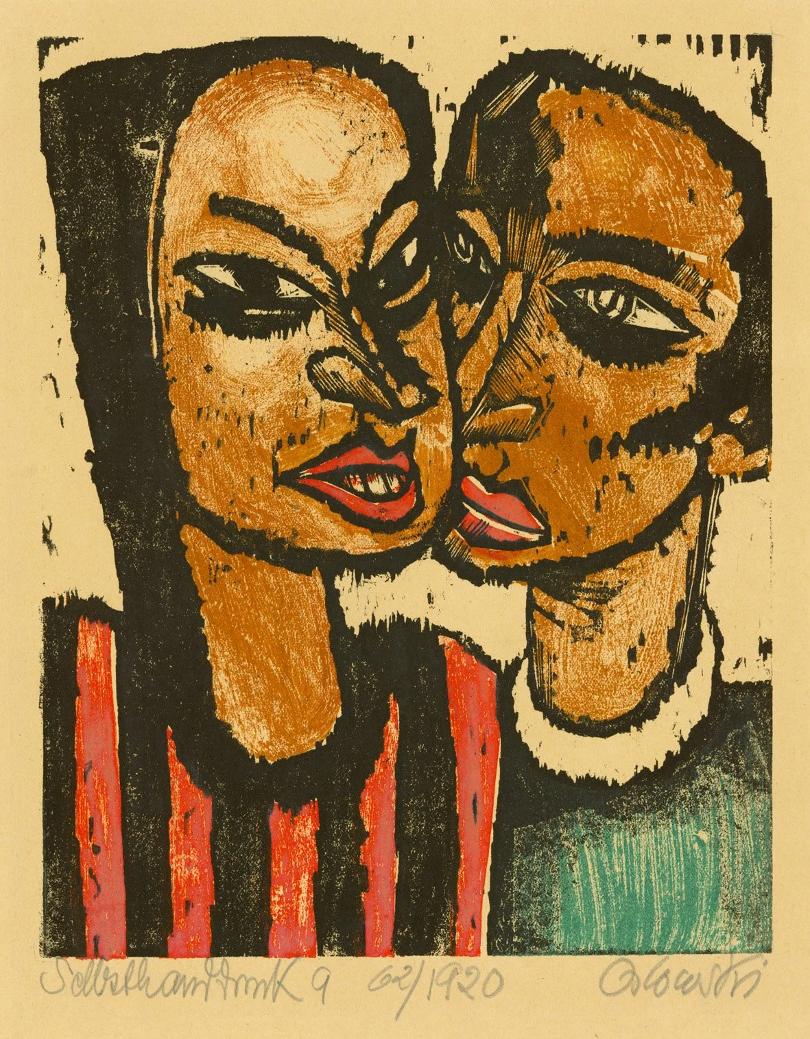   MÄDCHEN- UND JÜNGLINGSKOPF  Color woodcut, printed in black, red, green and brown. 1920. Schwarzenberger 62 Signed, dated and inscribed. On wove paper. 250 × 200 mm (348 × 285 mm) 