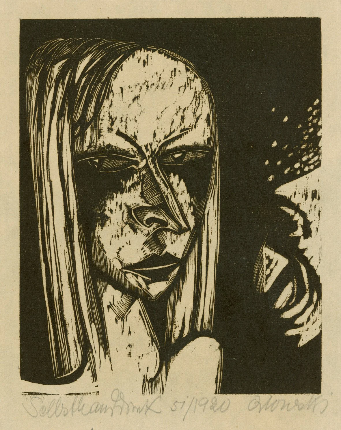   MÄDCHENKOPF MIT LANGEM HAAR  Woodcut. 1920. Schwarzenberger 51 Signed, dated and inscribed. On structured, thin wove paper. 250 × 200 mm (350 × 287 mm) 