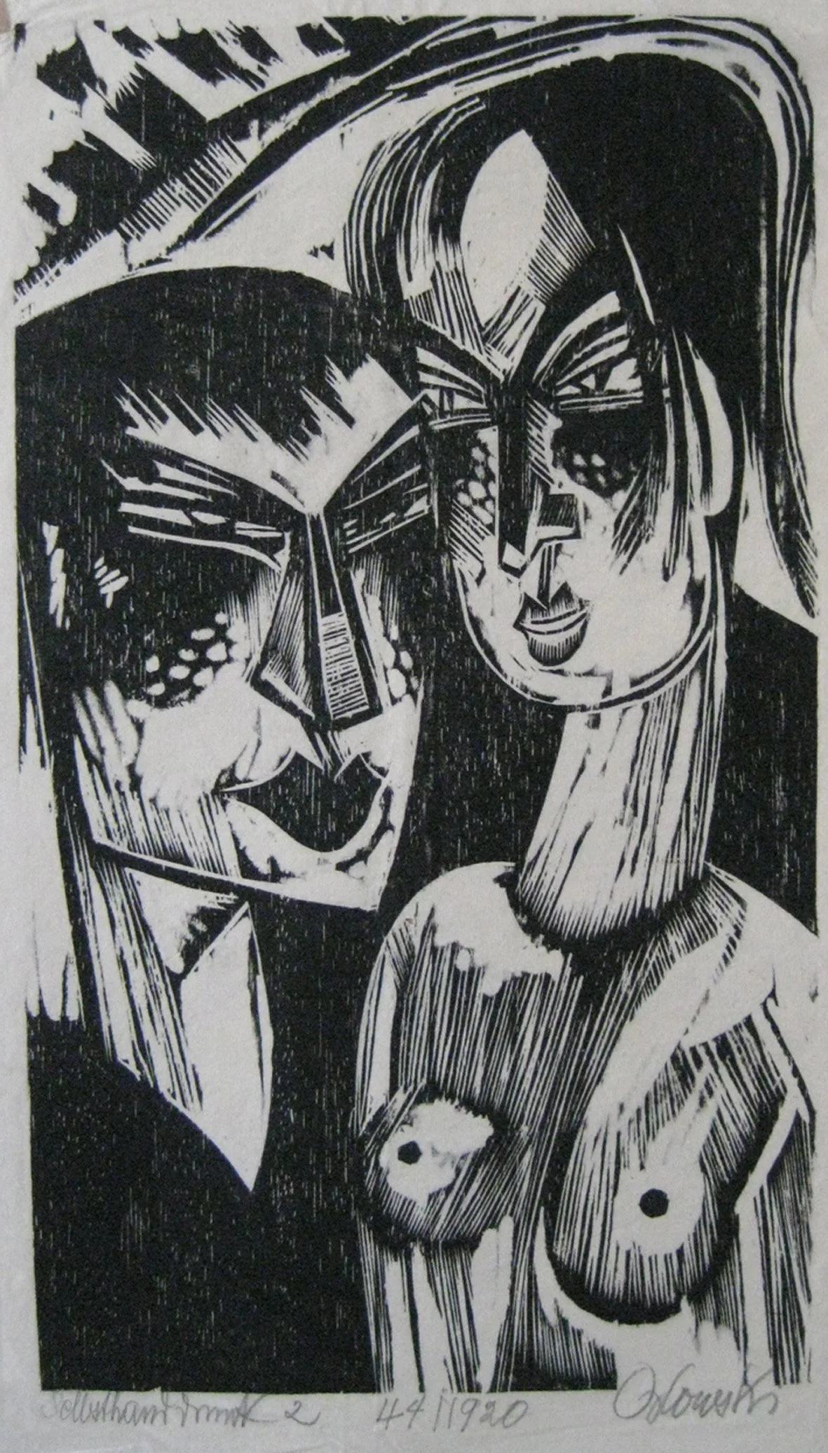   HALBAKT UND MÄNNERKOPF (ZWEI MENSCHEN)  Holzschnitt. 1920. Schwarzenberger 44 Signiert und bezeichnet. Auf Japan. 349 × 200 mm (380 × 243 mm) 