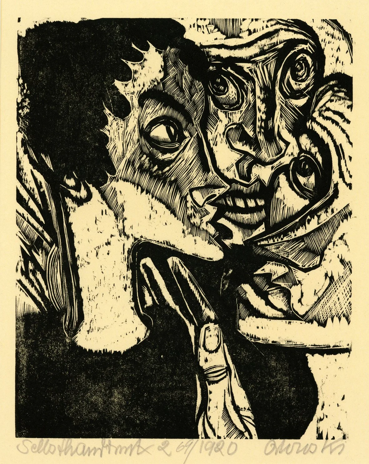   DREI KÖPFE UND HAND  Holzschnitt. 1920. Schwarzenberger 69 Signiert, datiert und bezeichnet. Auf dünnem Velin. 250 × 197 mm (350 × 287 mm) 