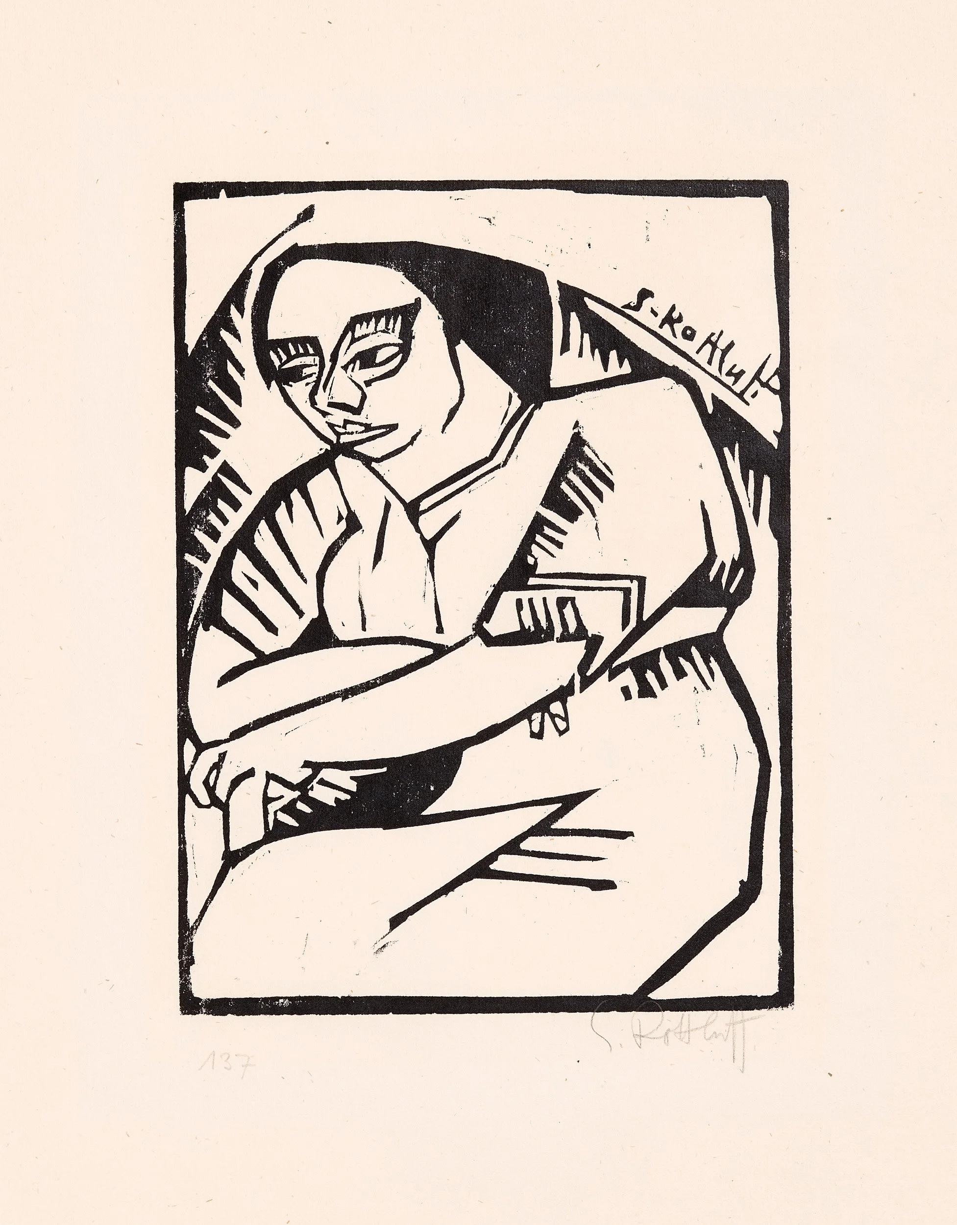   FRAU MIT VERSCHRÄNKTEN ARMEN  Holzschnitt. 1913. Schapire H 105 Signiert und bezeichnet. Auf chamoisfarbenem Bütten. 268 × 200 mm (585 × 434 mm) 