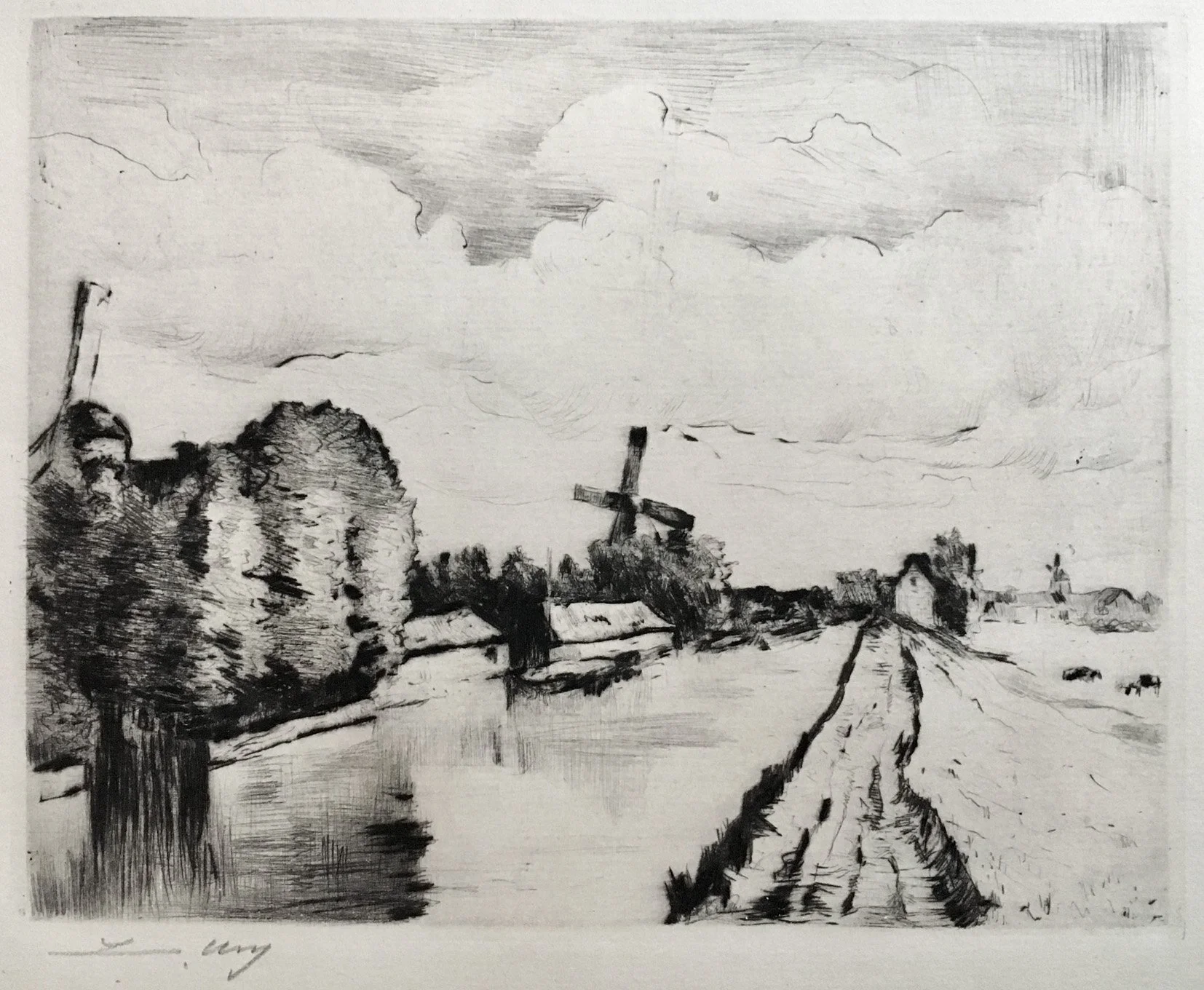   HOLLÄNDISCHER KANAL MIT MÜHLEN  Radierung. 1923. Rosenbach 20 Signiert. Auf breitrandigem chamoisfarbenem Bütten. 150 × 188 mm 