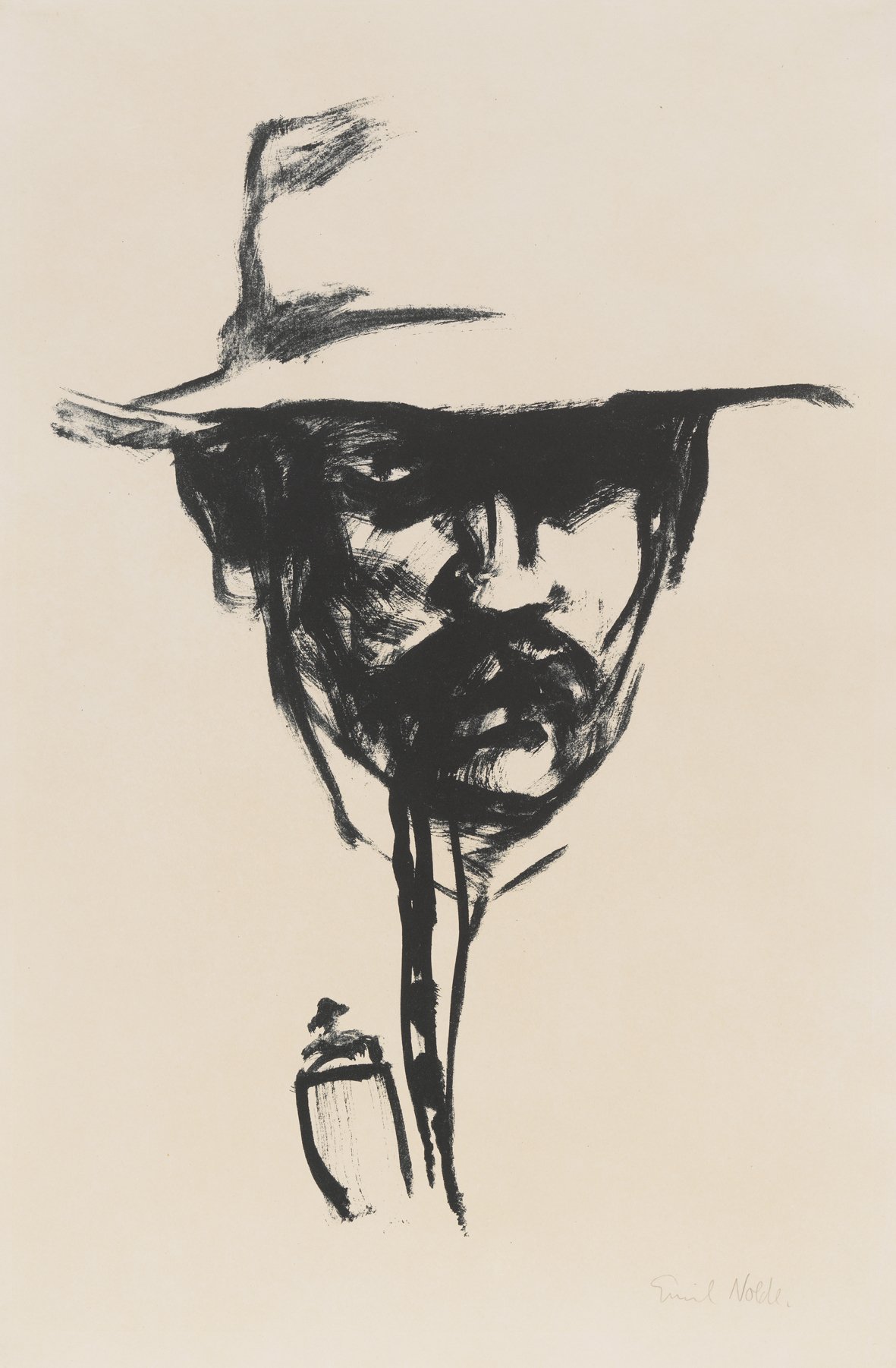   Emil Nolde&nbsp;  KOPF MIT PFEIFE, E.N. (SELBSTBILDNIS) Lithograph. 1907. 