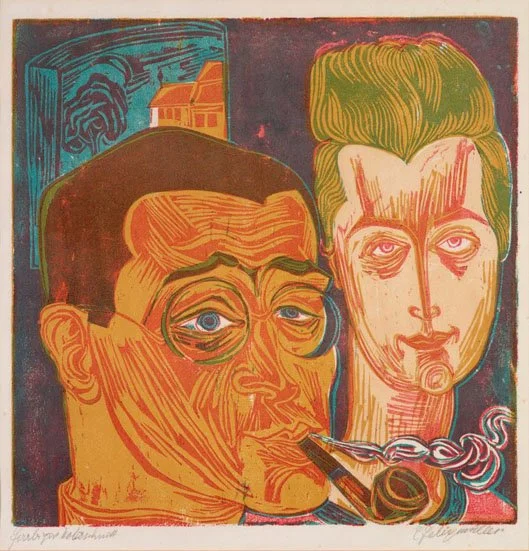   Conrad Felixmüller  SELBSTBILDNIS MIT FRAU Color wood cut. 1920. 