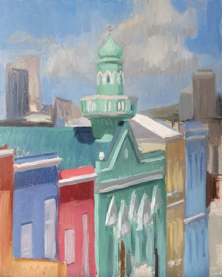 Boorhaanol Mosque II, Bo-Kaap Oil on panel 20x25cm 2016 Private collection