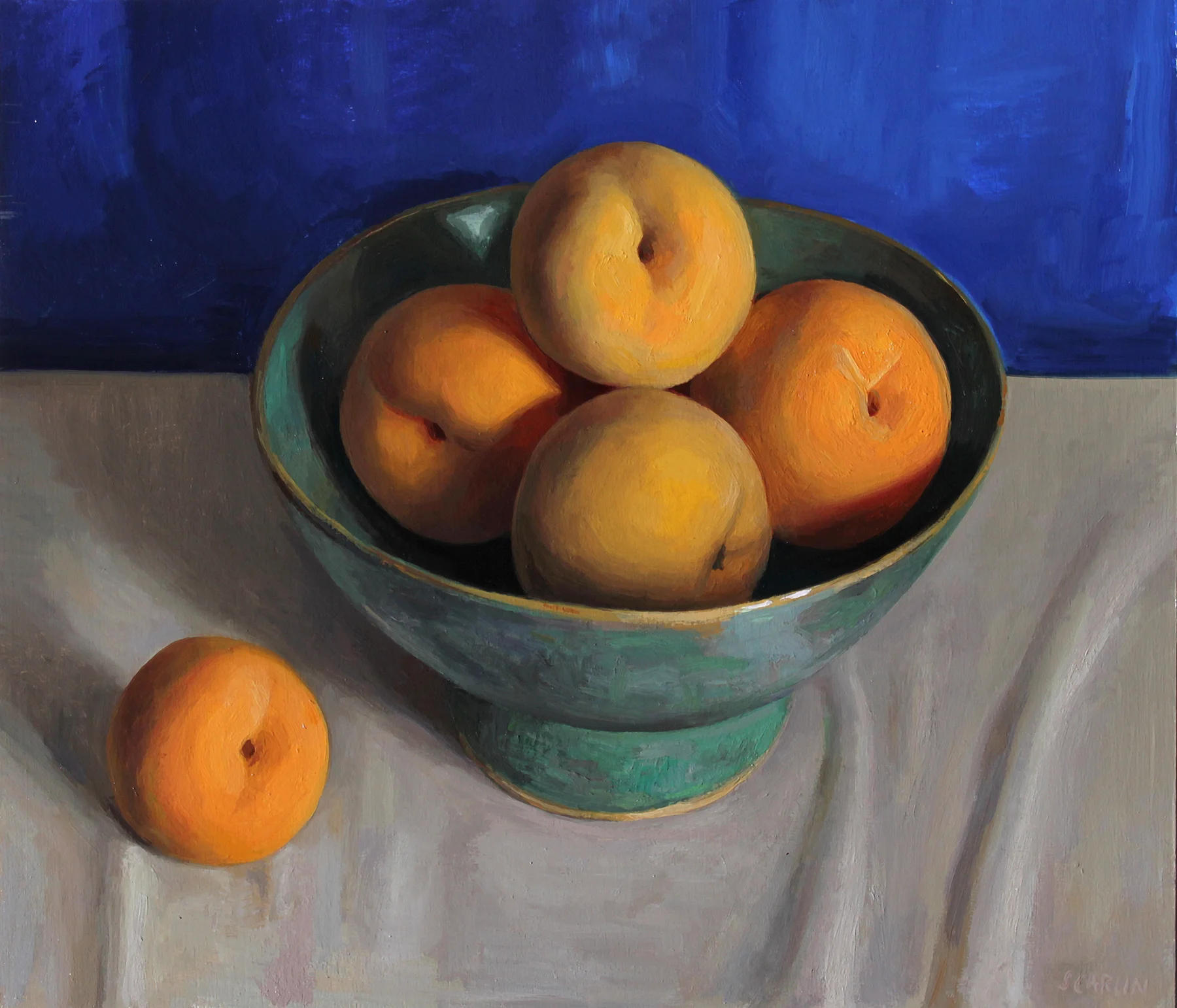 Cling peaches in a green bowl Oil on panel 30x35cm 2018 Private collection