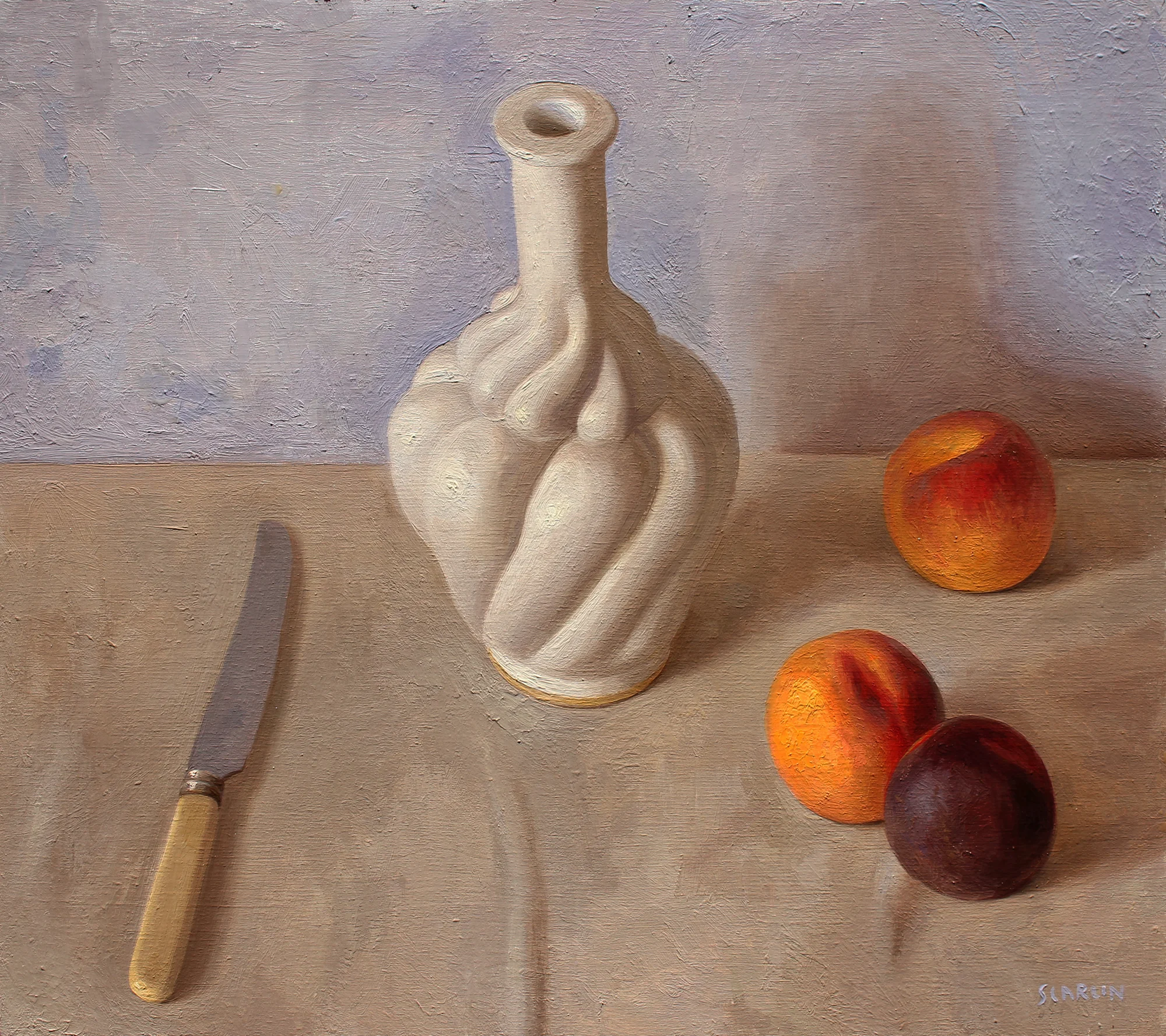 Arrangement with bottle and peaches Oil on panel 40x45cm 2019 Available through Chandler House