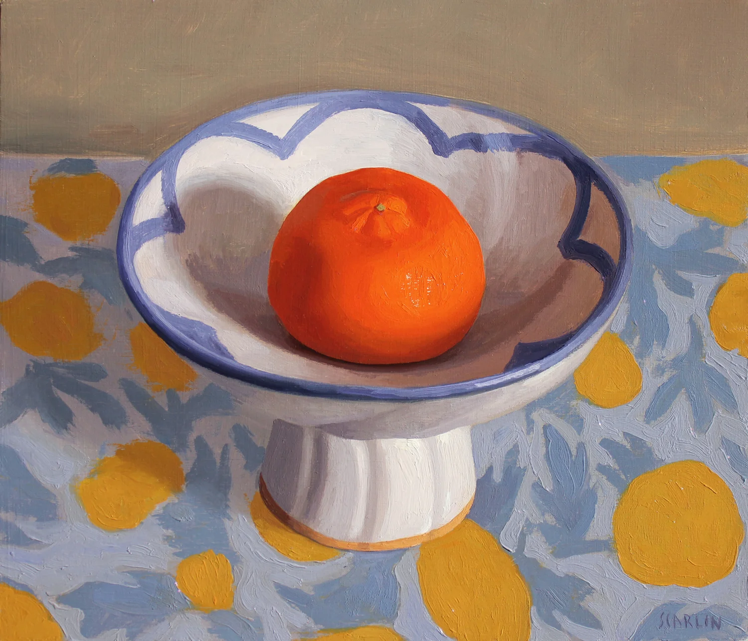 Naartjie in a bowl Oil on panel 30x35cm 2019 Available through Chandler House