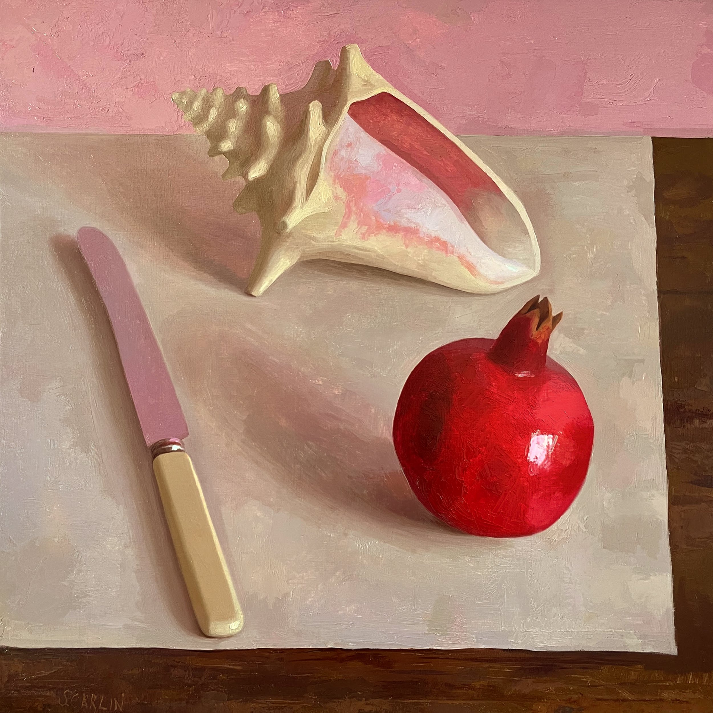  Shell, pomegranate &amp; Knife (2022)  Oil on panel 41 x 41cm  Framed (floating natural wood frame)    Private collection 
