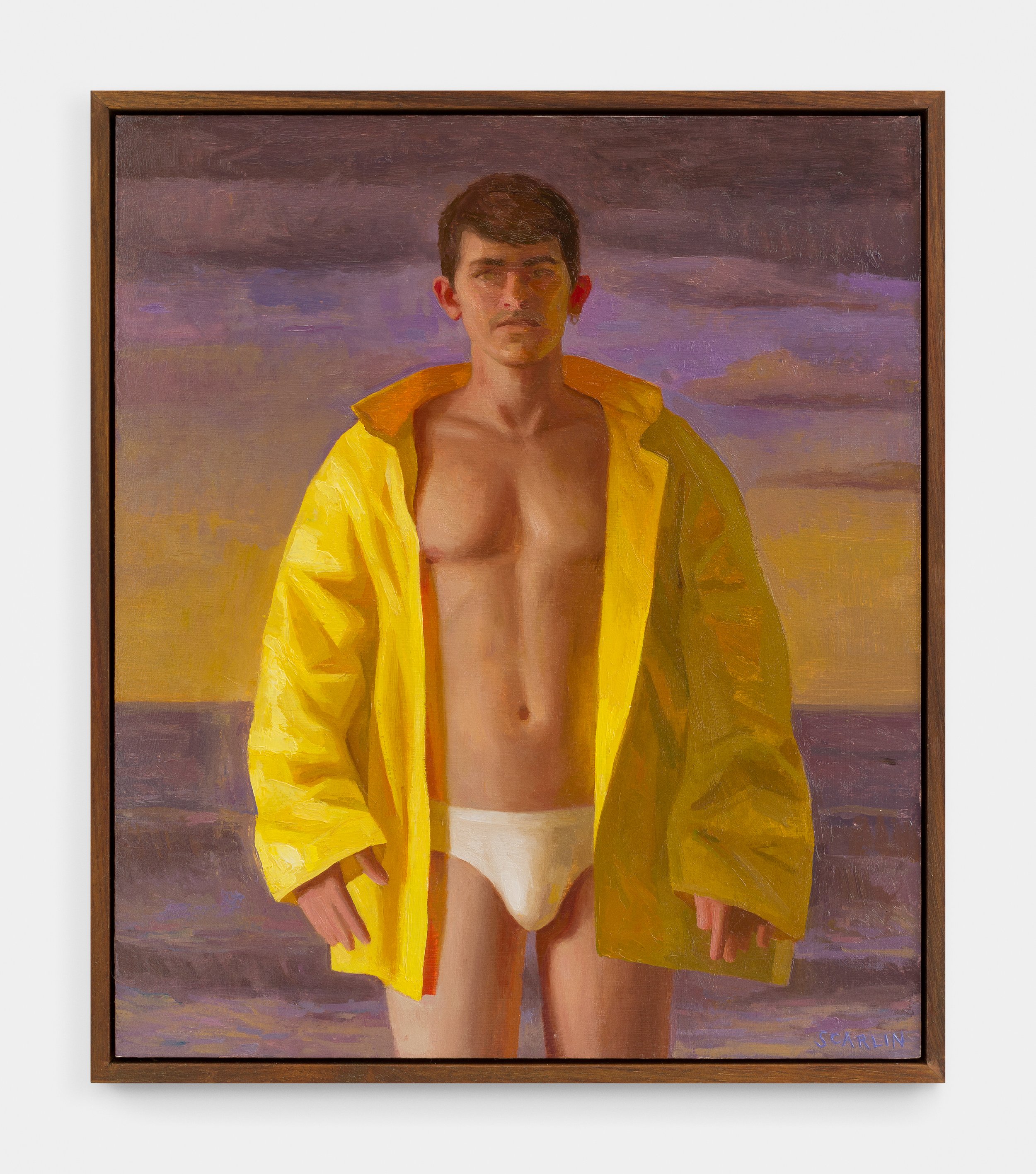  Self portrait in yellow raincoat  Oil on panel 41 x 35cm  2022    Private collection 