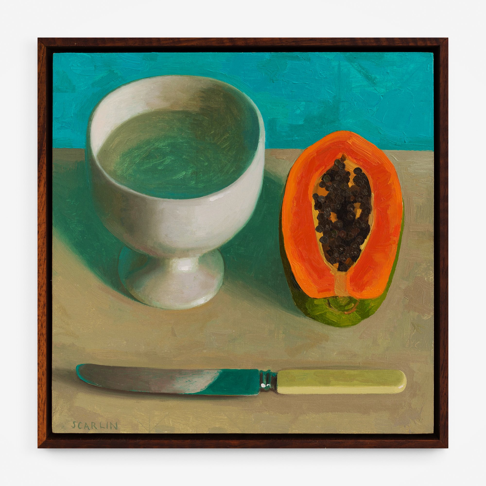  Goblet, papaya and Knife (2022)  Oil on panel 30 x 30cm    Private collection 