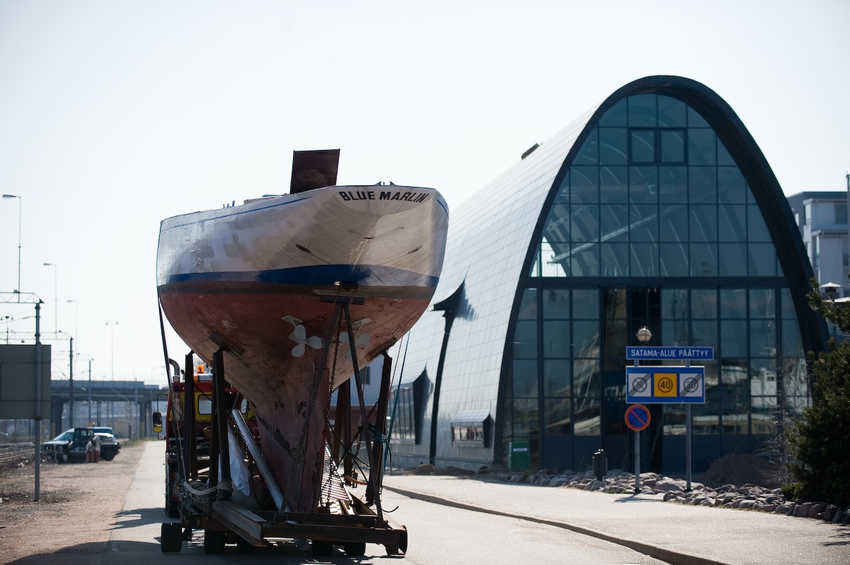 Blue Marlin is moved into the Wooden Boat Center