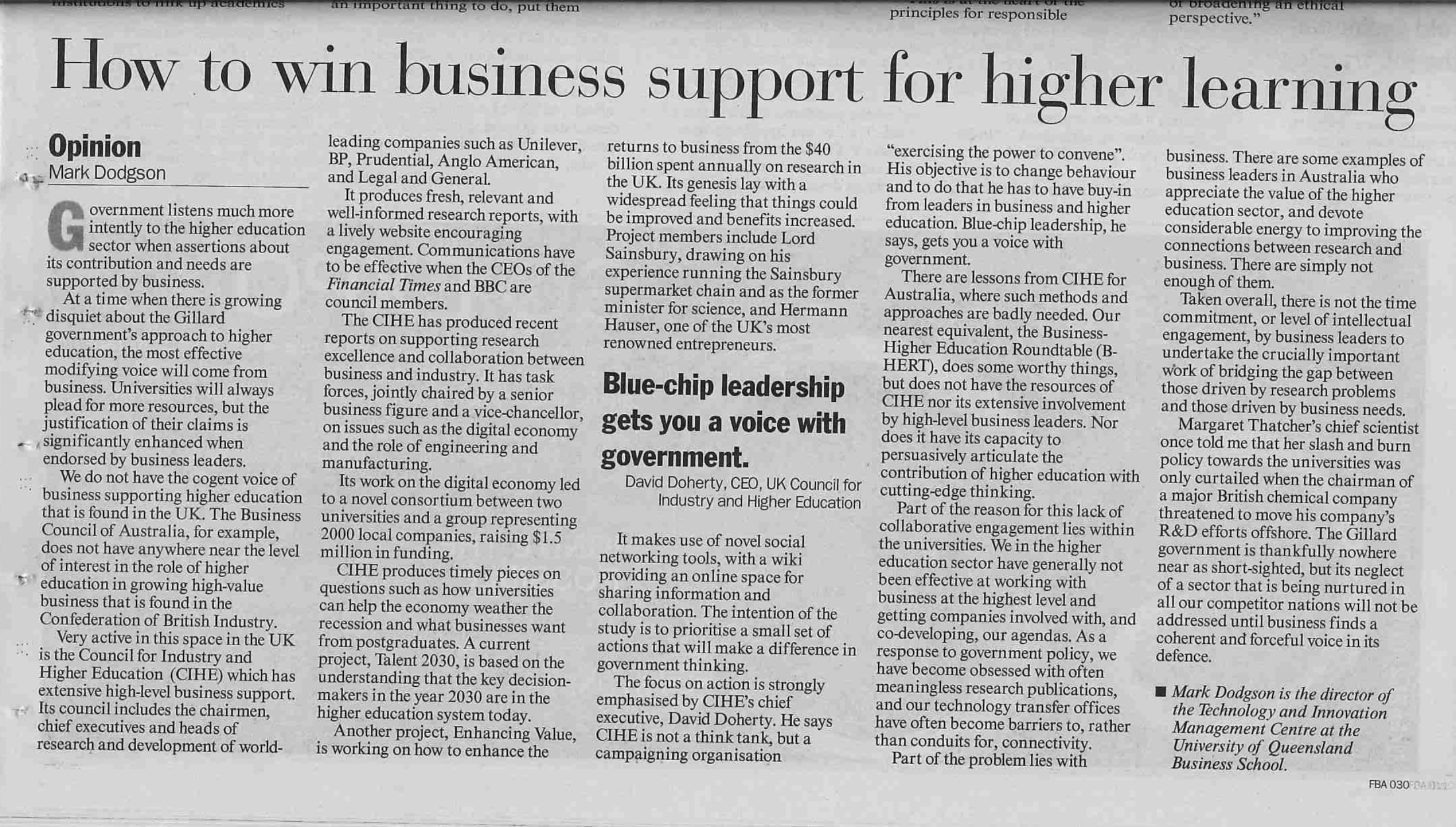 "How to win business support for higher learning" 01/08/2011