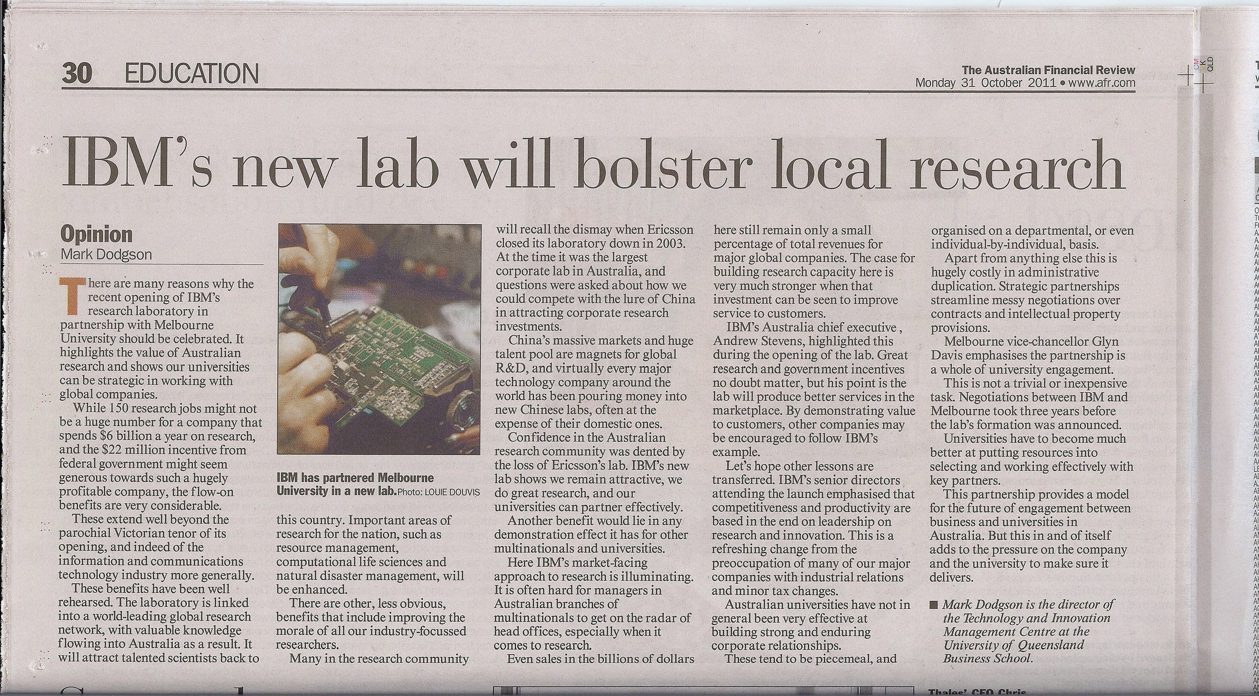 	 "IBM’s new lab will bolster local research" 31/10/2011