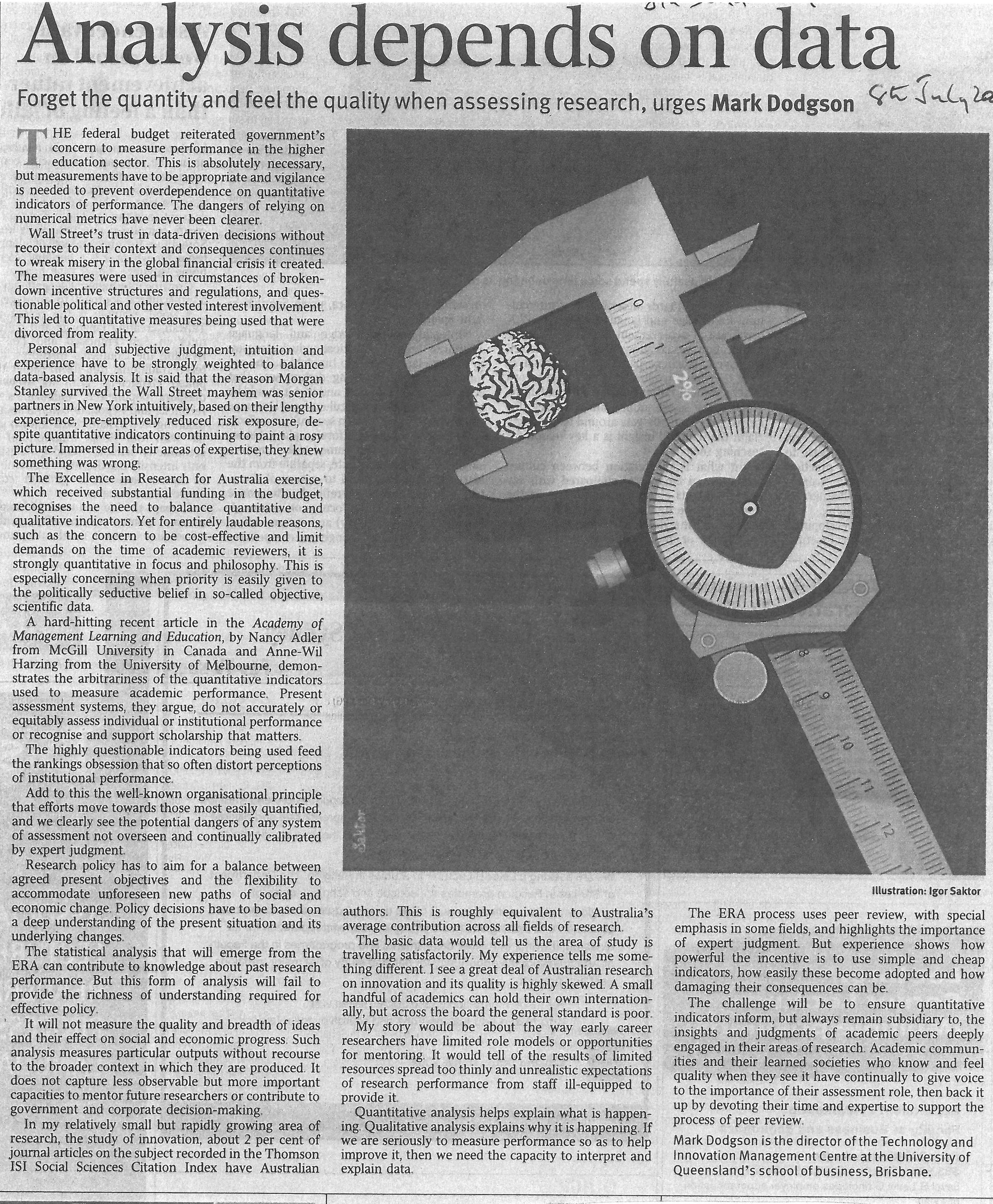 "Analysis depends on data" – on the need to balance qualitative with quantitative assessments of research quality 08/07/2009
