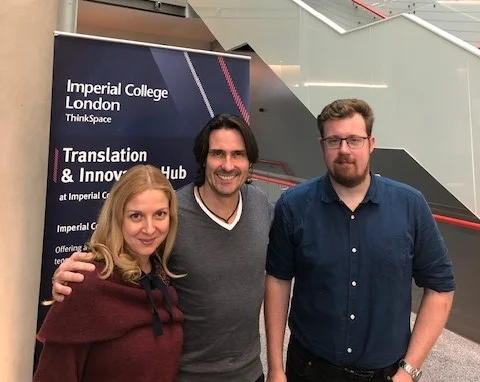 Polymateria CEO Niall Dunne (centre) with Anca and Gavin from Imperial Innovations
