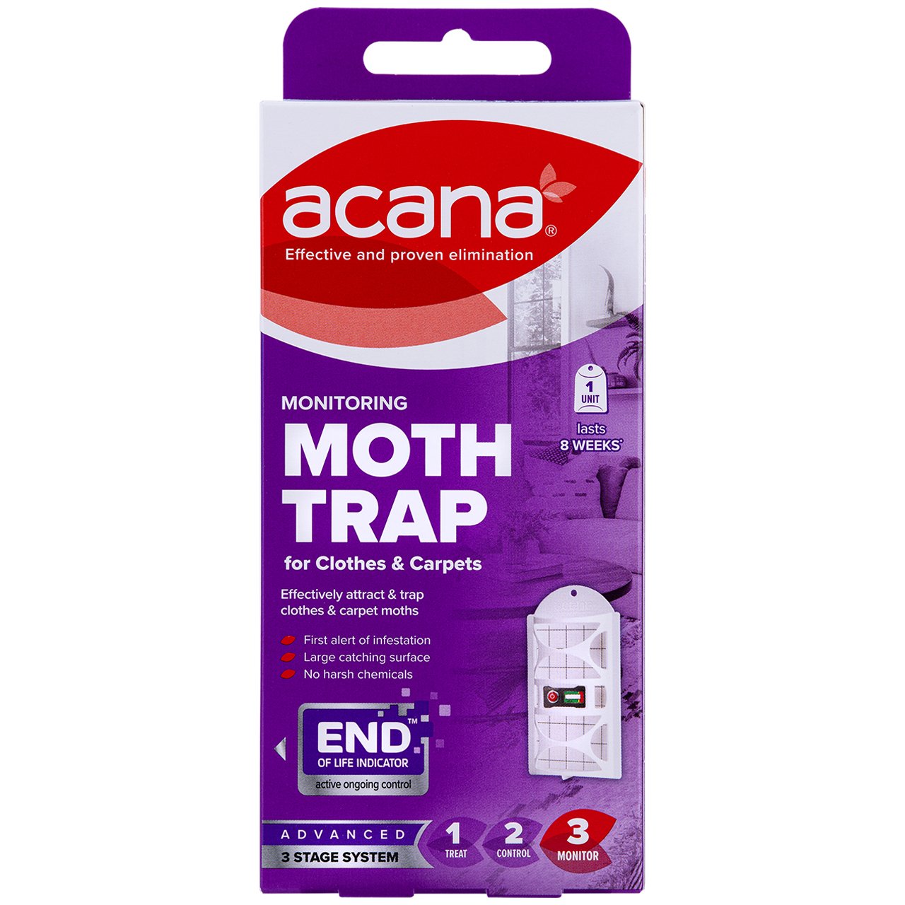 ACANA monitoraggio Tappeto Moth Trappola Killer NO sostanze chimiche aggressive dura fino a 8 settimane 