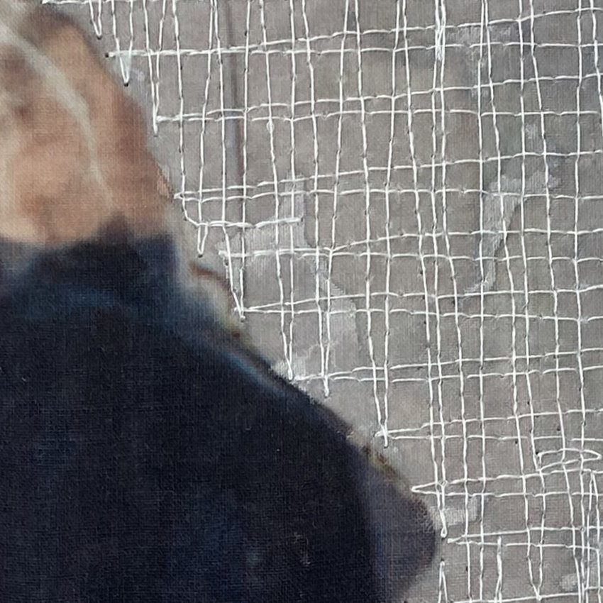  Self Portrait #8 (detail), 2023, photograph, fabric and thread, 22w x 30h cm 