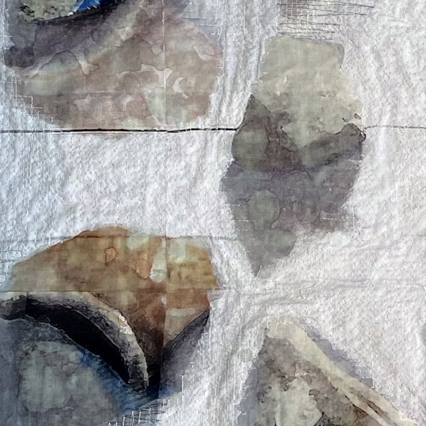  Gather a Few Stones (detail), 2023, photograph, fabric and thread, 80w x 105h cm 