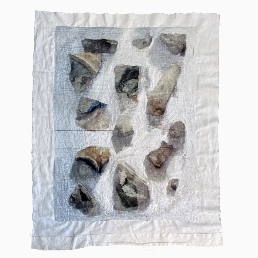  Gather a Few Stones, 2023, photograph, fabric and thread, 80w x 105h cm 